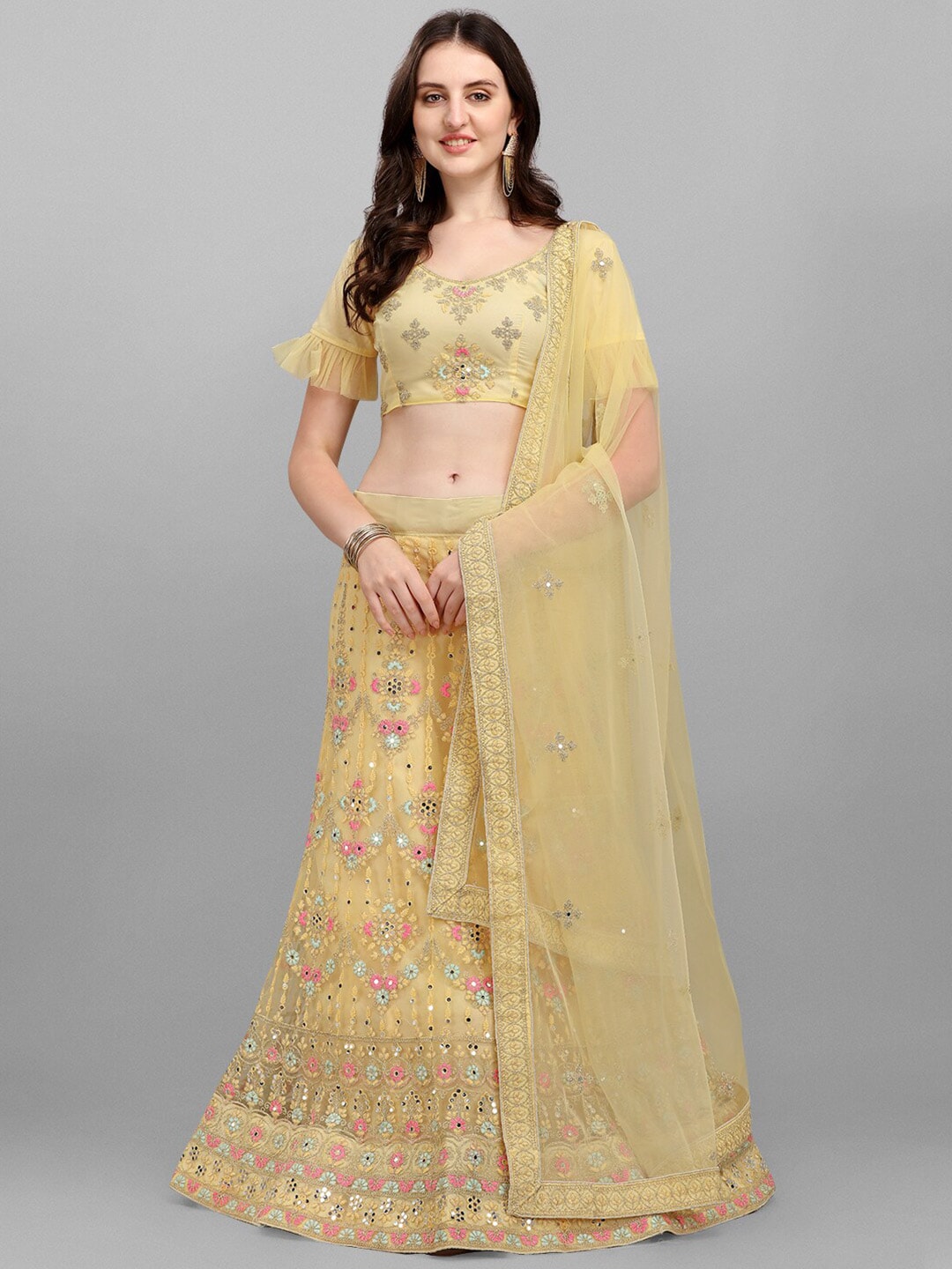 V SALES Yellow & Pink Embroidered Mirror Work Semi-Stitched Lehenga Set Price in India