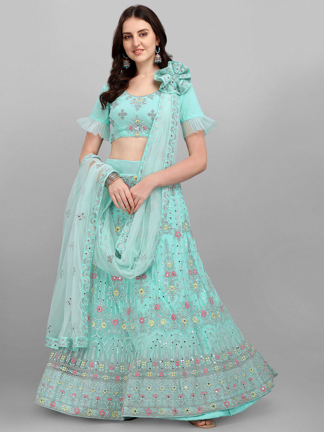 V SALES Blue & Pink Embroidered Mirror Work Semi-Stitched Lehenga & Unstitched Blouse With Dupatta Price in India