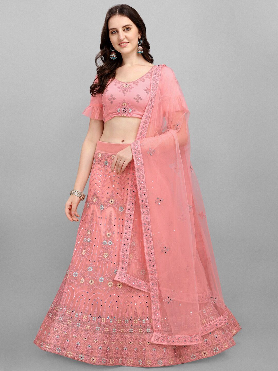 V SALES Pink & Blue Embroidered Mirror Work Semi-Stitched Lehenga & Unstitched Blouse With Dupatta Price in India