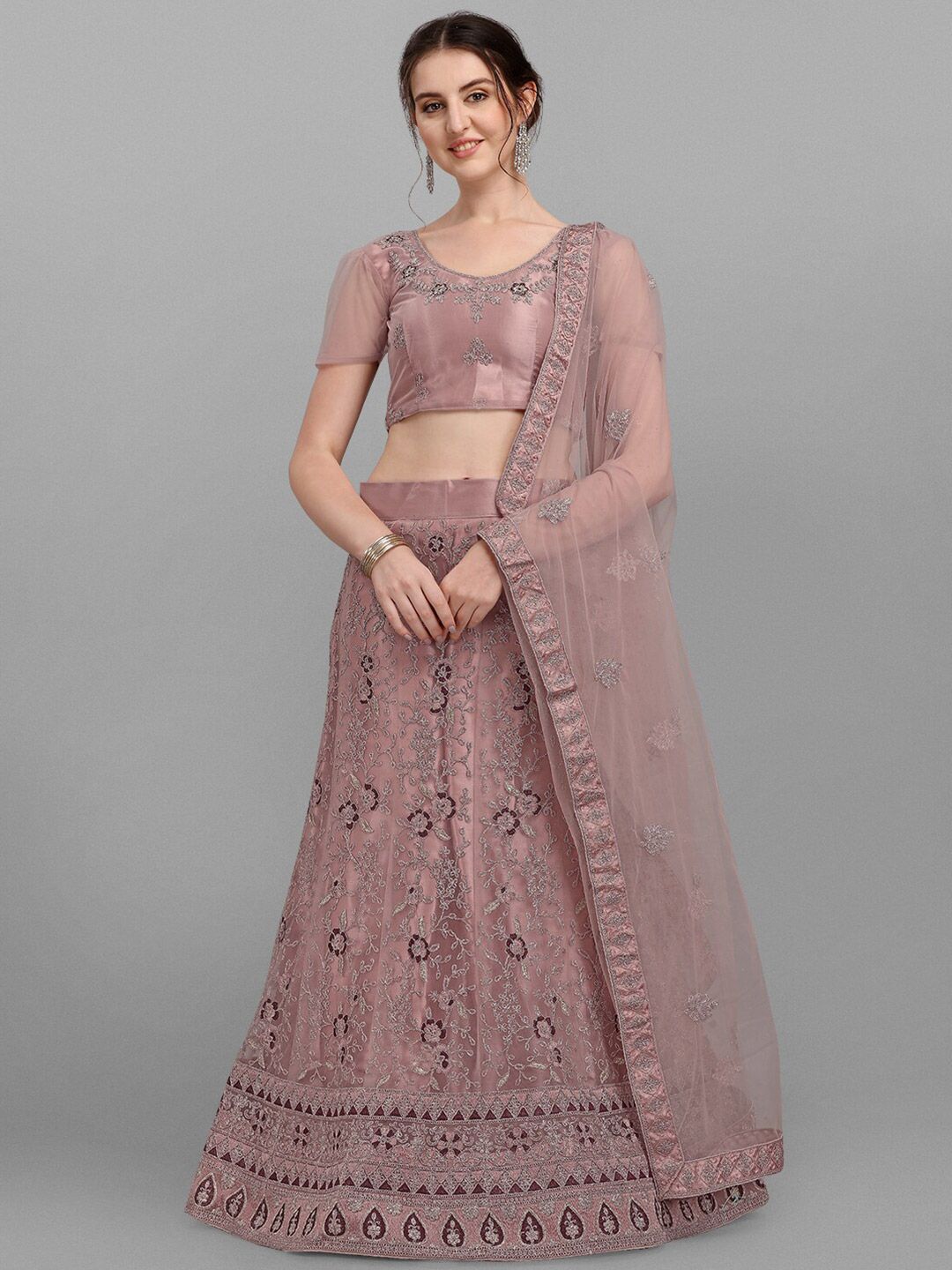 V SALES Lavender Embroidered Semi-Stitched Lehenga & Blouse With Dupatta Price in India