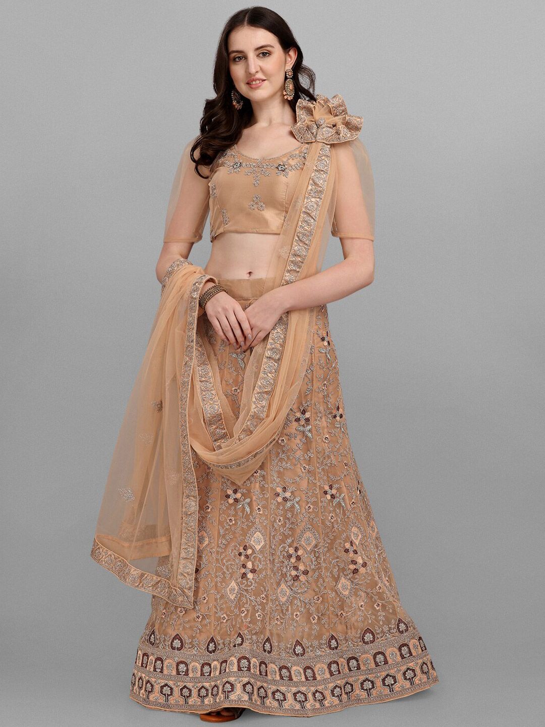 V SALES Beige & Brown Embroidered Semi-Stitched Lehenga & Unstitched Blouse With Dupatta Price in India