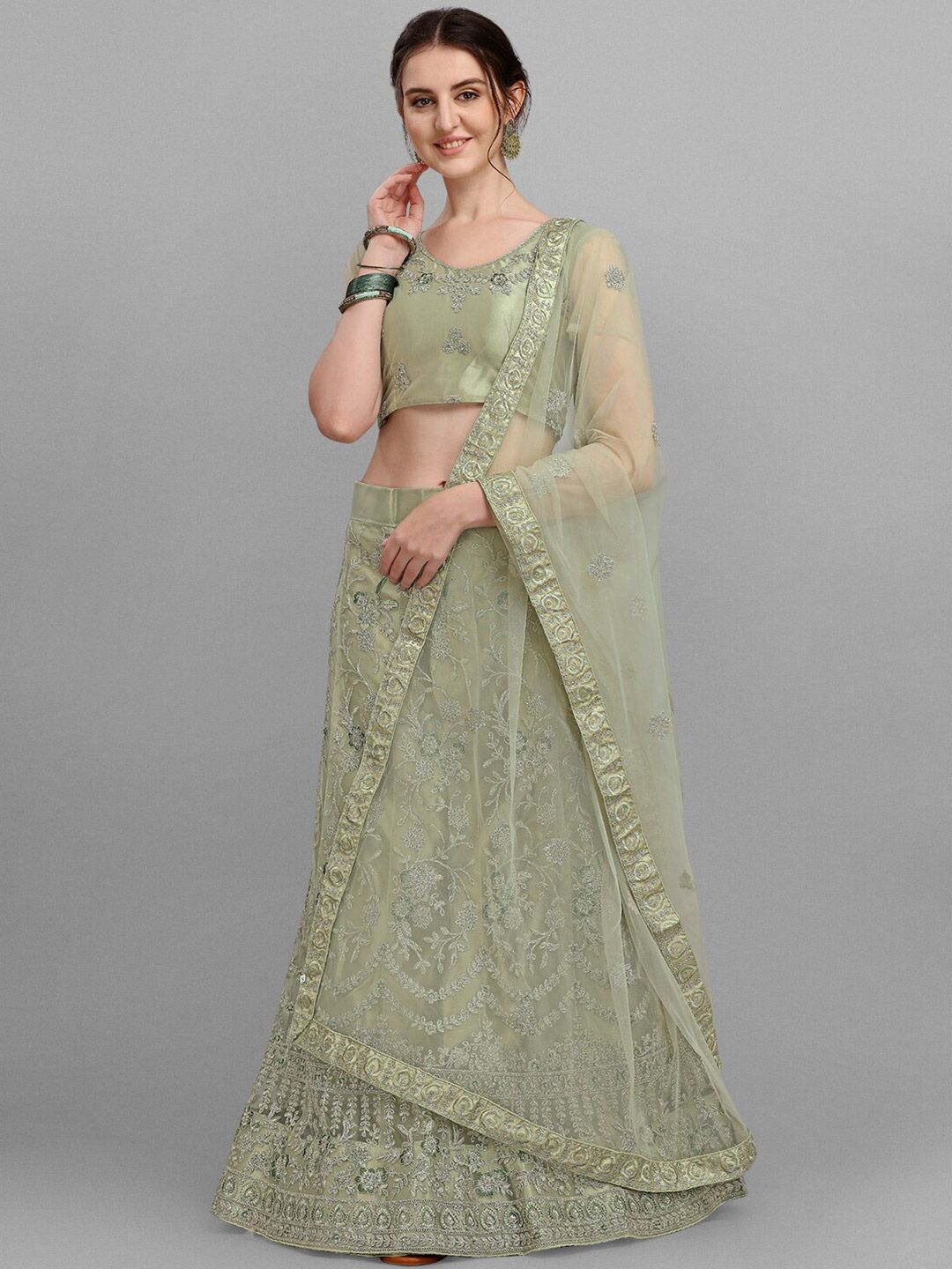 V SALES Olive Green & Silver-Toned Embroidered Semi-Stitched Lehenga & Unstitched Blouse With Dupatta Price in India