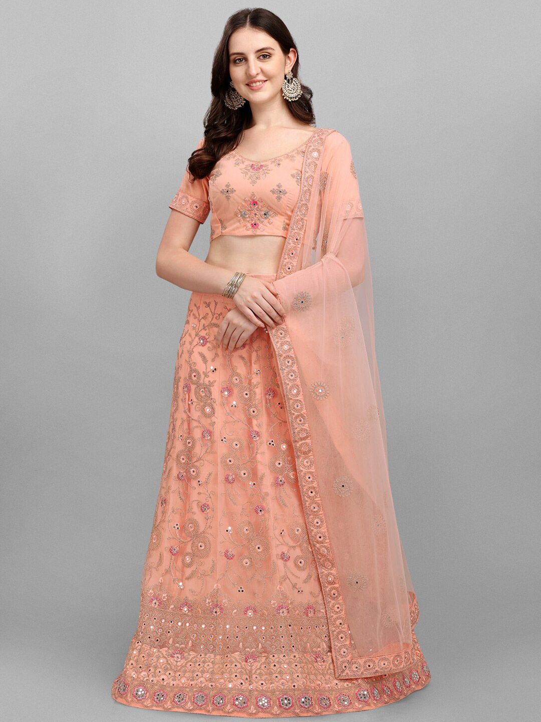 V SALES Peach Mirror Work Semi-Stitched Lehenga & Unstitched Blouse With Dupatta Price in India