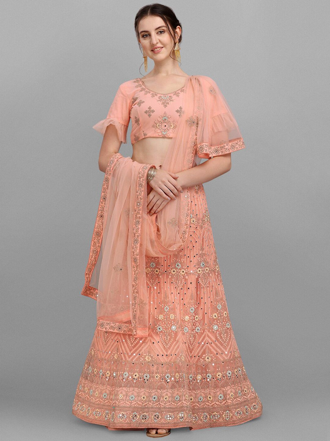 V SALES Peach-Coloured & Blue Embroidered Mirror Work Semi-Stitched Lehenga & Unstitched Blouse With Dupatta Price in India