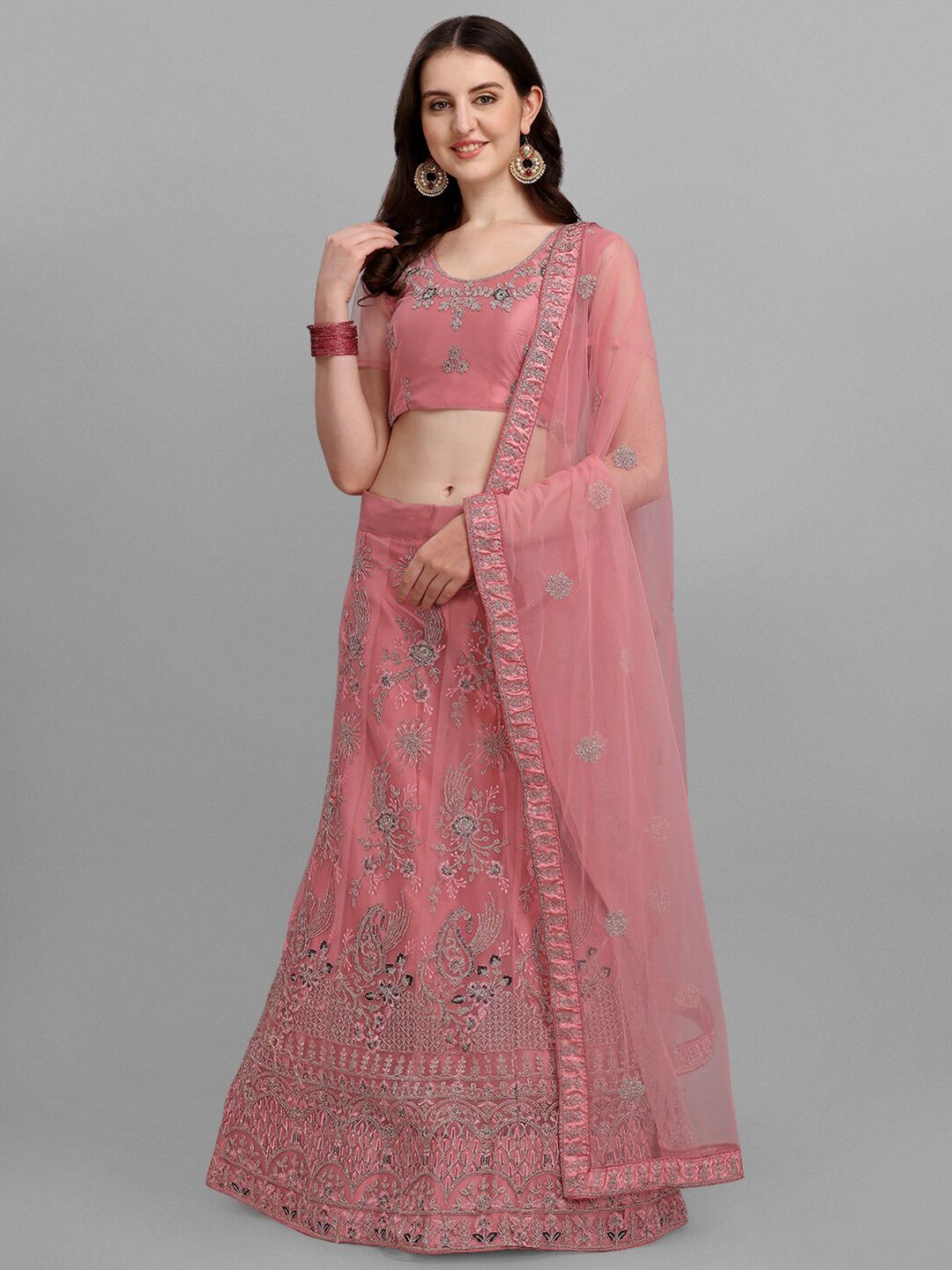 V SALES Pink Embroidered Zari Work Semi-Stitched Lehenga & Unstitched Blouse With Dupatta Price in India