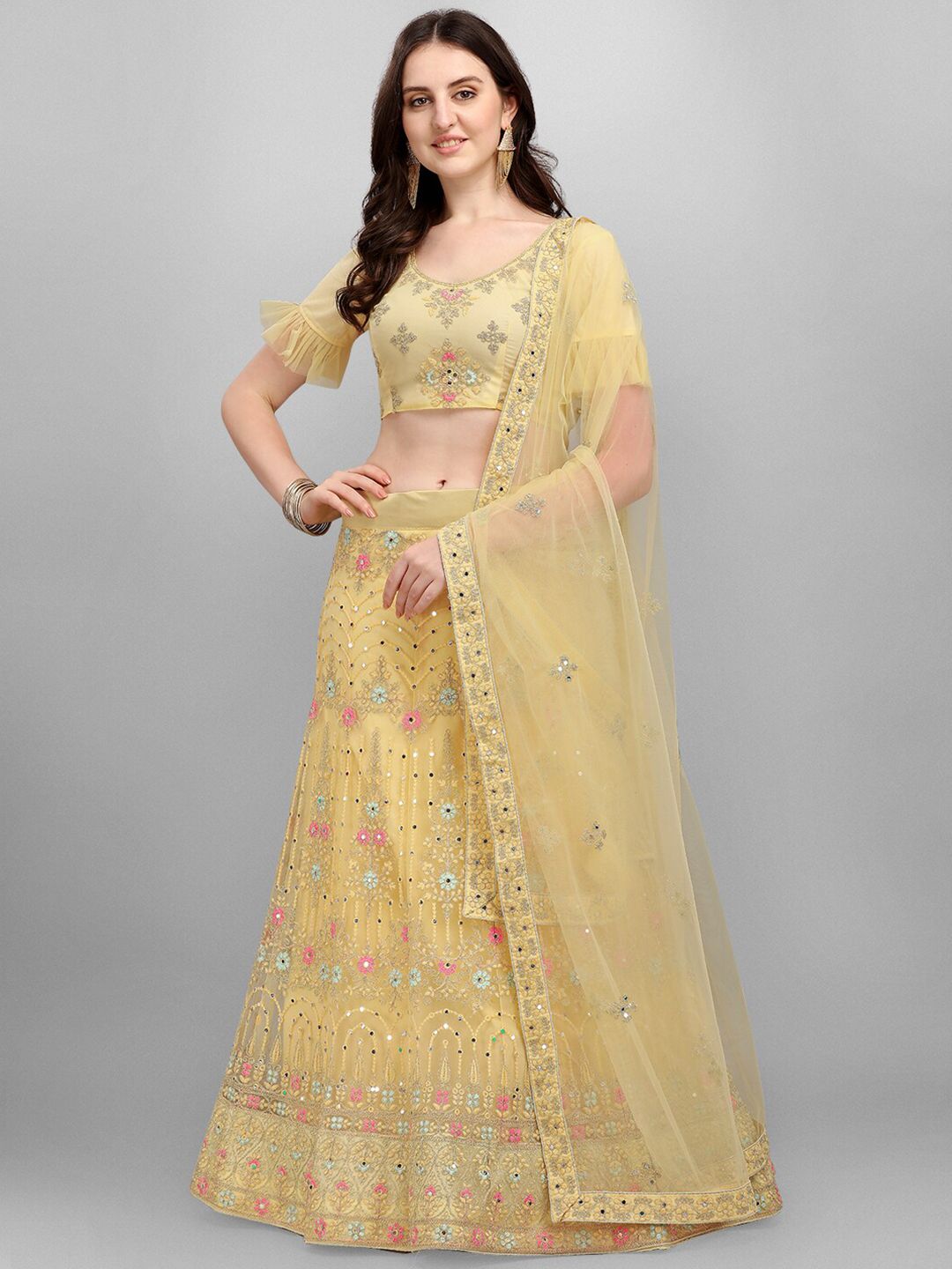 V SALES Yellow & Blue Embroidered Semi-Stitched Lehenga & Unstitched Blouse With Dupatta Price in India