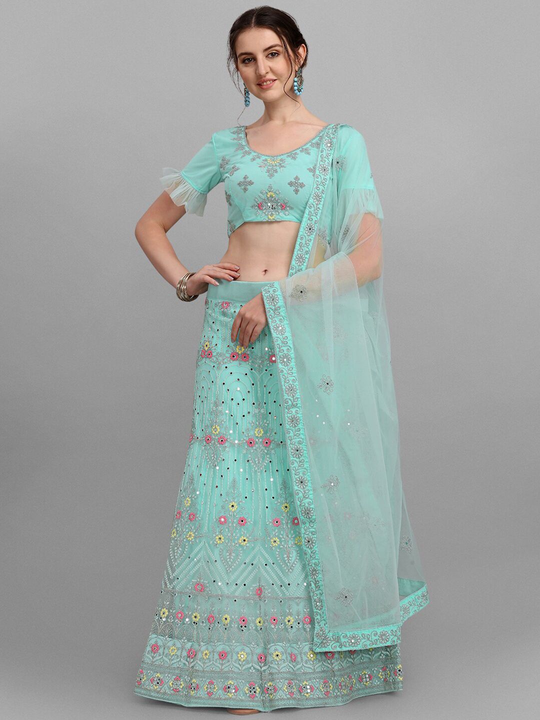 V SALES Blue & Pink Embroidered Mirror Work Semi-Stitched Lehenga & Unstitched Blouse With Dupatta Price in India