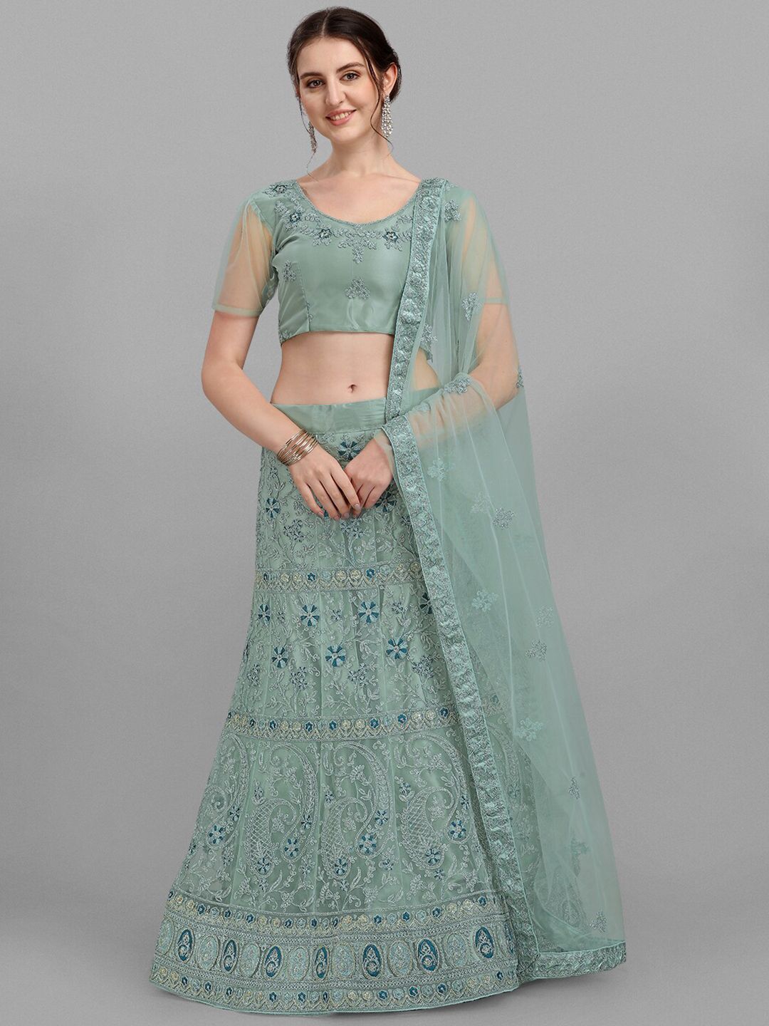 V SALES Sea Green Embroidered Thread Work Semi-Stitched Lehenga & Unstitched Blouse With Dupatta Price in India