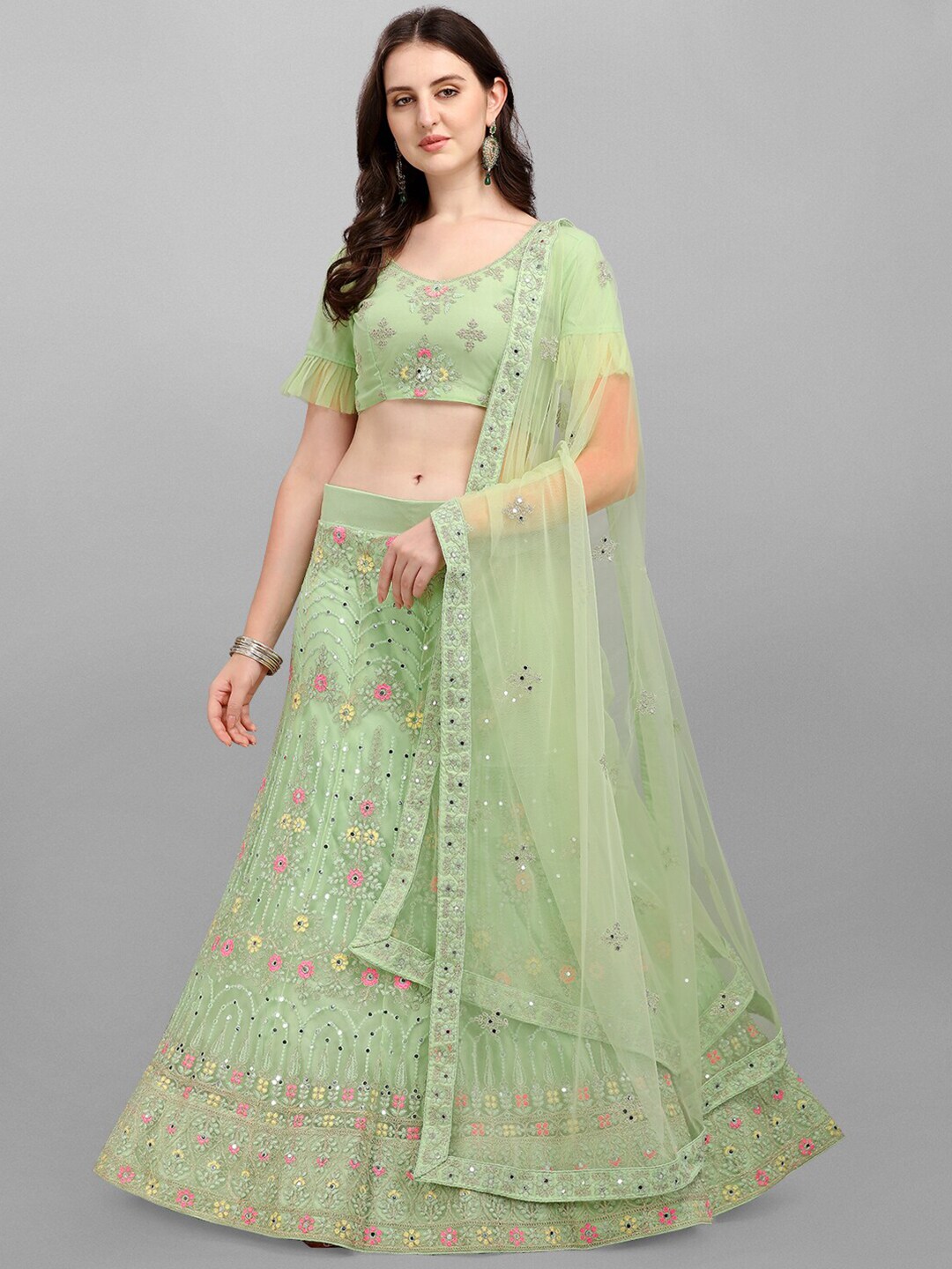 V SALES Green & Pink Embroidered Mirror Work Semi-Stitched Lehenga & Unstitched Blouse With Dupatta Price in India