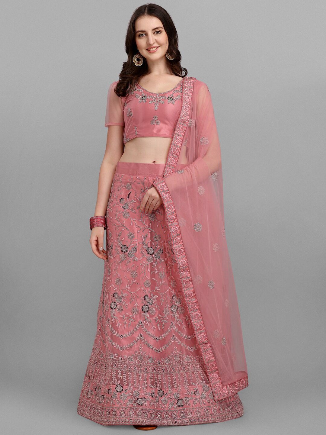 V SALES Pink Embroidered Zari Work Semi-Stitched Lehenga & Unstitched Blouse With Dupatta Price in India