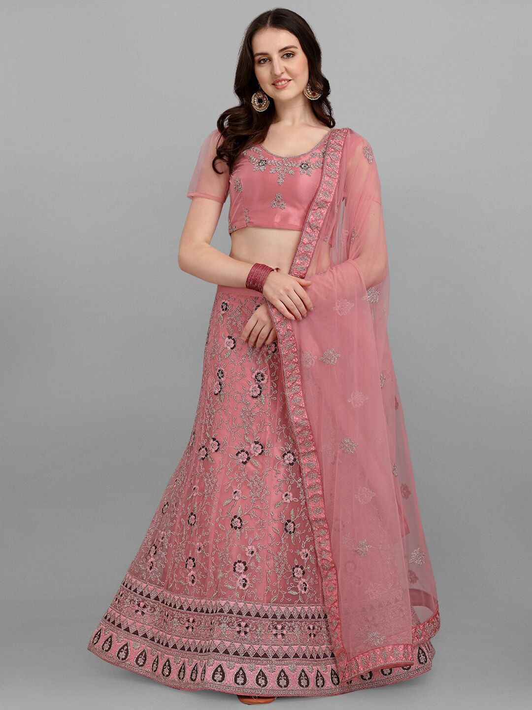 V SALES Pink & Silver-Toned Embroidered Zari Work Semi-Stitched Lehenga Set Price in India