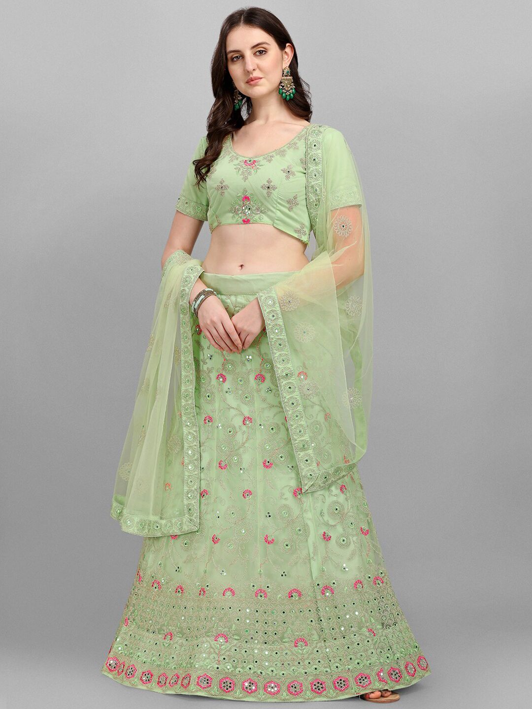 V SALES Green & Pink Embroidered Mirror Work Semi-Stitched Lehenga & Unstitched Blouse With Dupatta Price in India