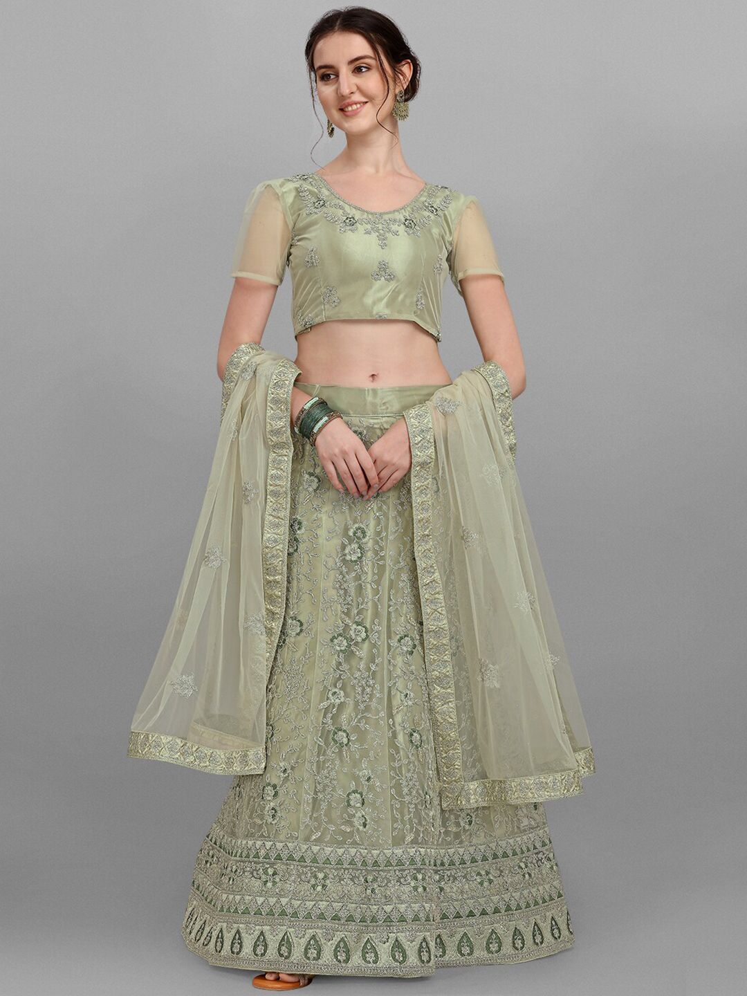 V SALES Olive Green Embroidered Semi-Stitched Lehenga & Unstitched Blouse With Dupatta Price in India