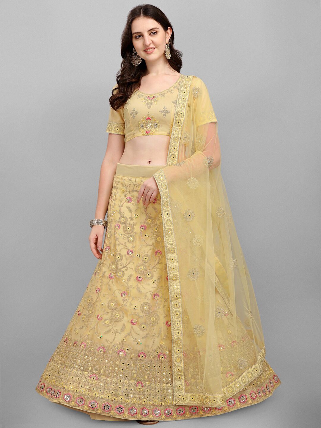 V SALES Yellow & Pink Embroidered Mirror Work Semi-Stitched Lehenga & Unstitched Blouse With Dupatta Price in India