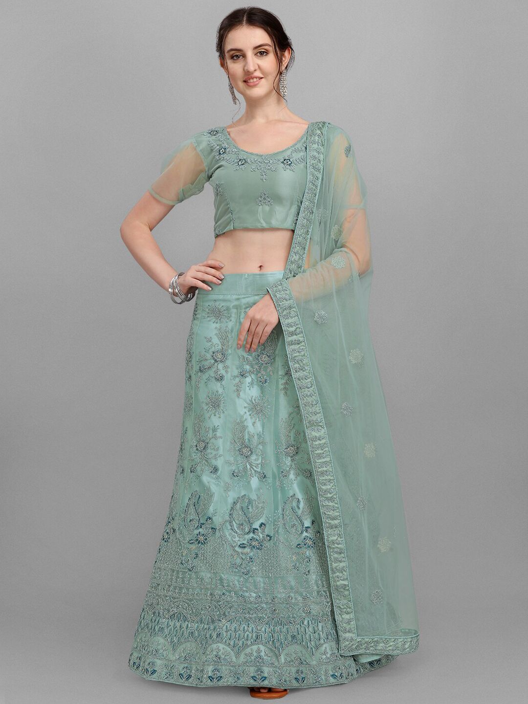 V SALES Sea Green Embroidered Semi-Stitched Lehenga & Unstitched Blouse With Dupatta Price in India