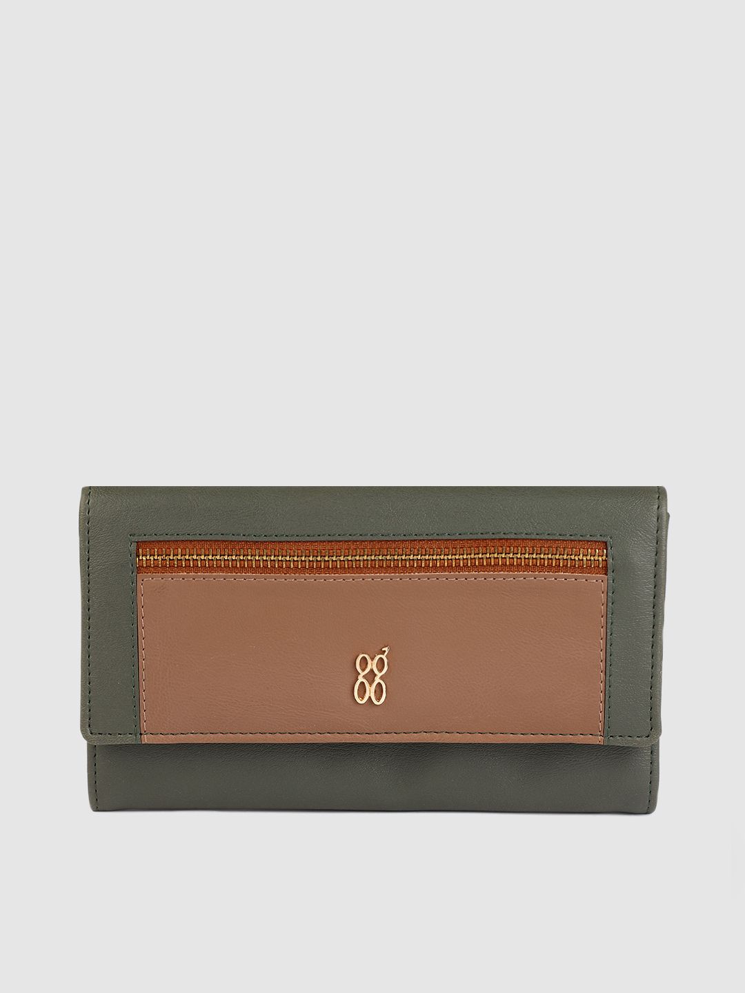 Baggit Women Green & Brown Colourblocked Zip Detail Envelope Wallet Price in India