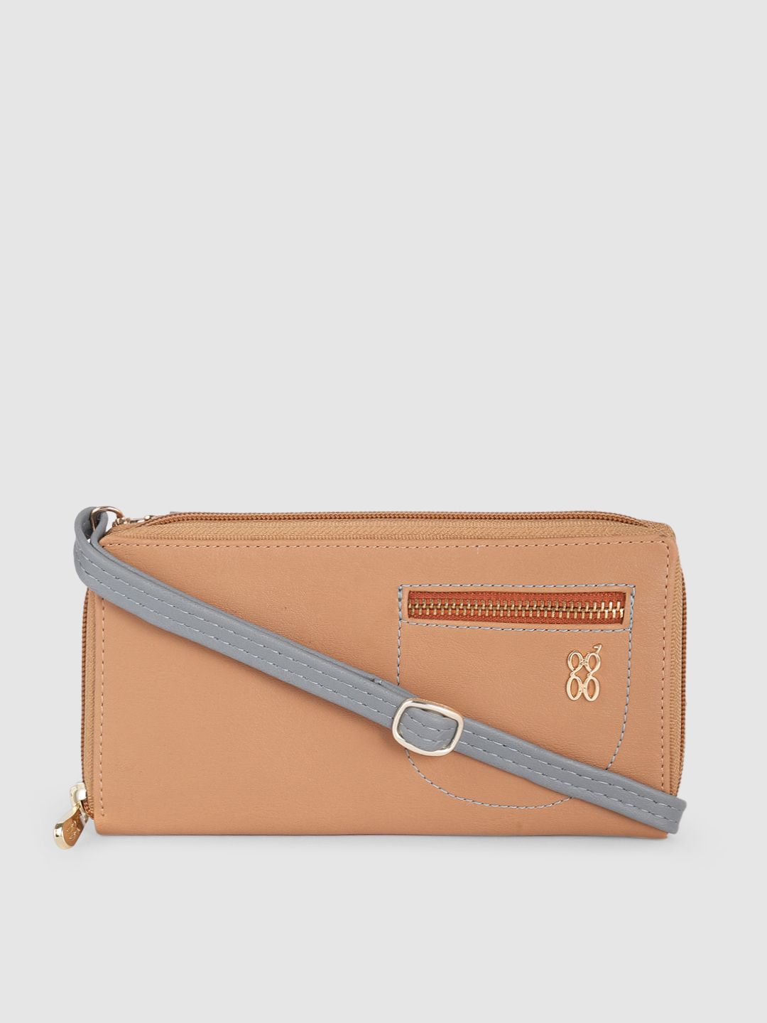 Baggit Women Beige Solid Zip Detail Zip Around Wallet with Detachable Sling Strap Price in India