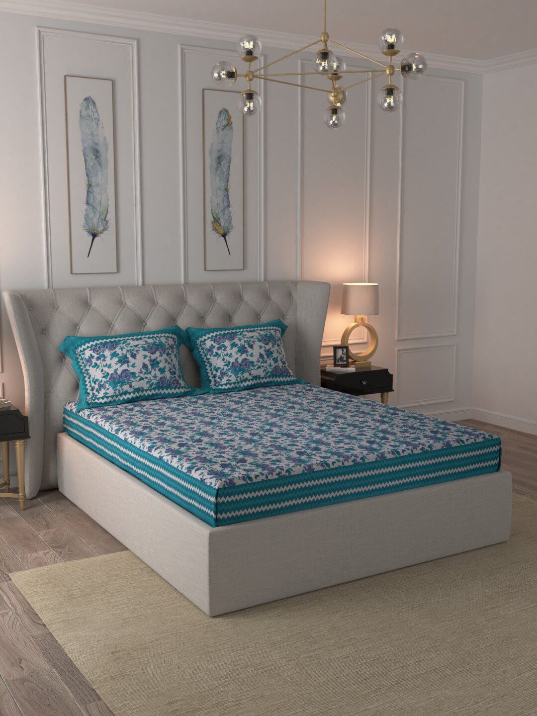 JAIPUR FABRIC Turquoise Blue Floral 180 TC Queen Bedsheet with 2 Pillow Covers Price in India