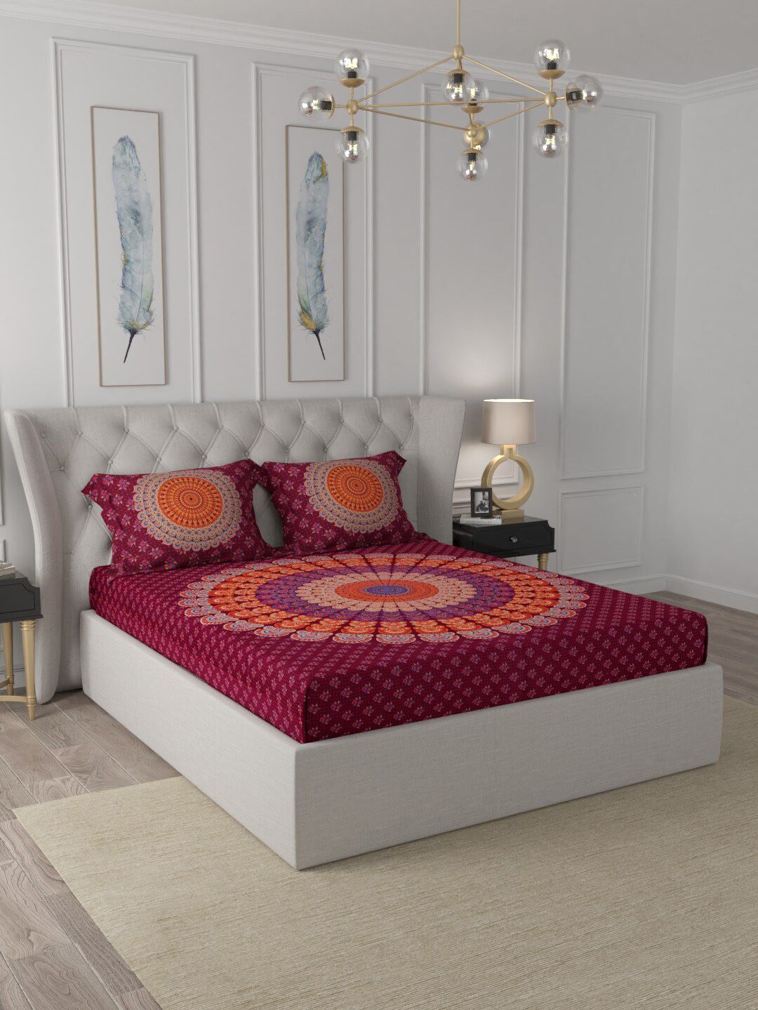 JAIPUR FABRIC Red & Orange Cotton 120 TC Queen Bedsheet with 2 Pillow Covers Price in India