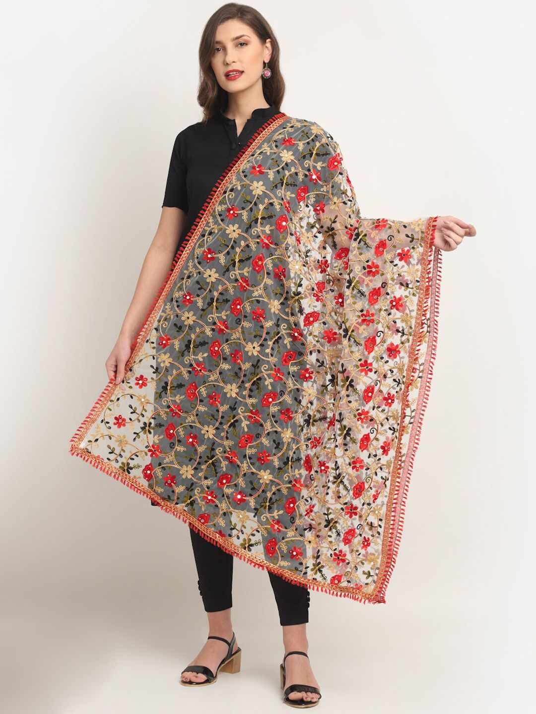 Sugathari Multicoloured Ethnic Motifs Embroidered Kalamkari Dupatta with Mirror Work Price in India