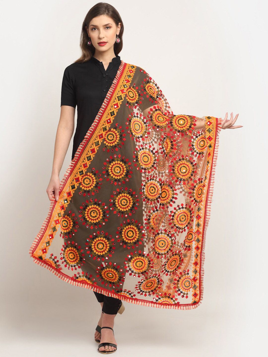 Sugathari Yellow & Red Ethnic Motifs Embroidered Dupatta with Mirror Work