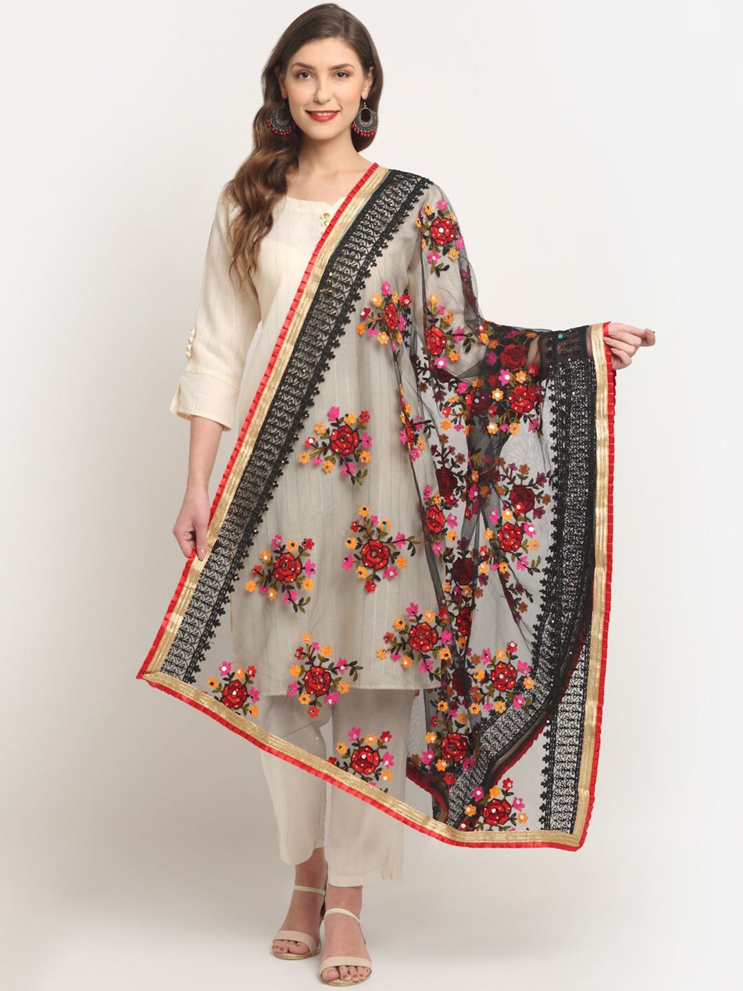 Sugathari Black & Red Ethnic Motifs Embroidered Dupatta with Mirror Work