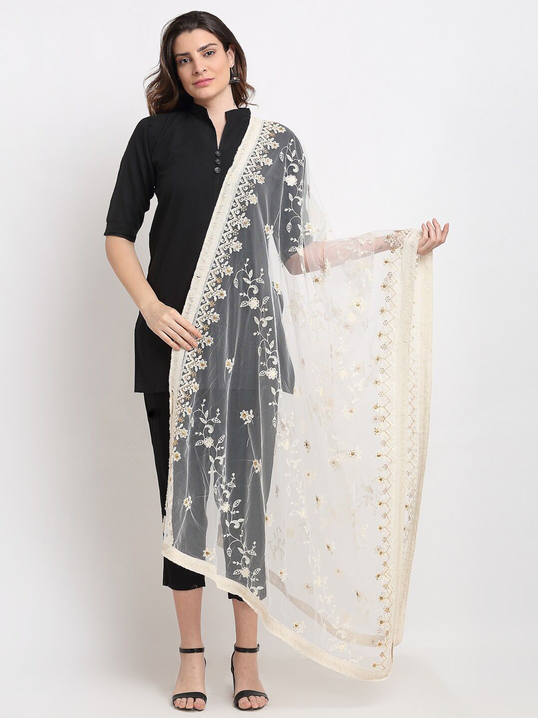 Sugathari White & Gold-Toned Ethnic Motifs Embroidered Dupatta with Beads and Stones Price in India