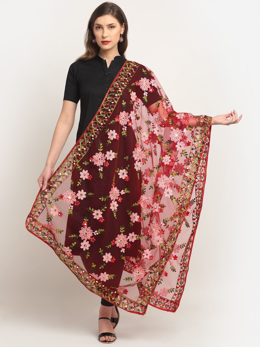 Sugathari Maroon & Pink Ethnic Motifs Embroidered Kalamkari Dupatta with Mirror Work Price in India