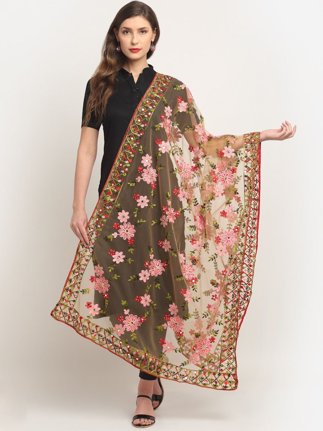 Sugathari Beige & Pink Embroidered Dupatta with Mirror Work Price in India