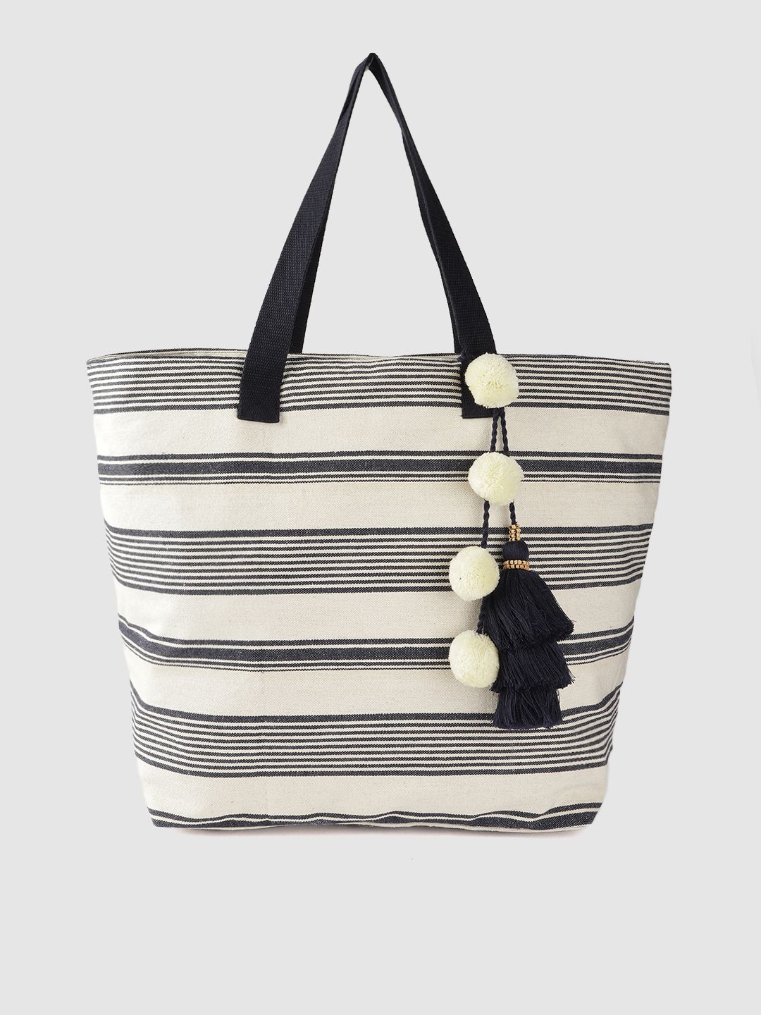 Accessorize Cream-Coloured & Navy-Blue Striped Shopper Tote Bag with Pom-Poms & Tassle Price in India