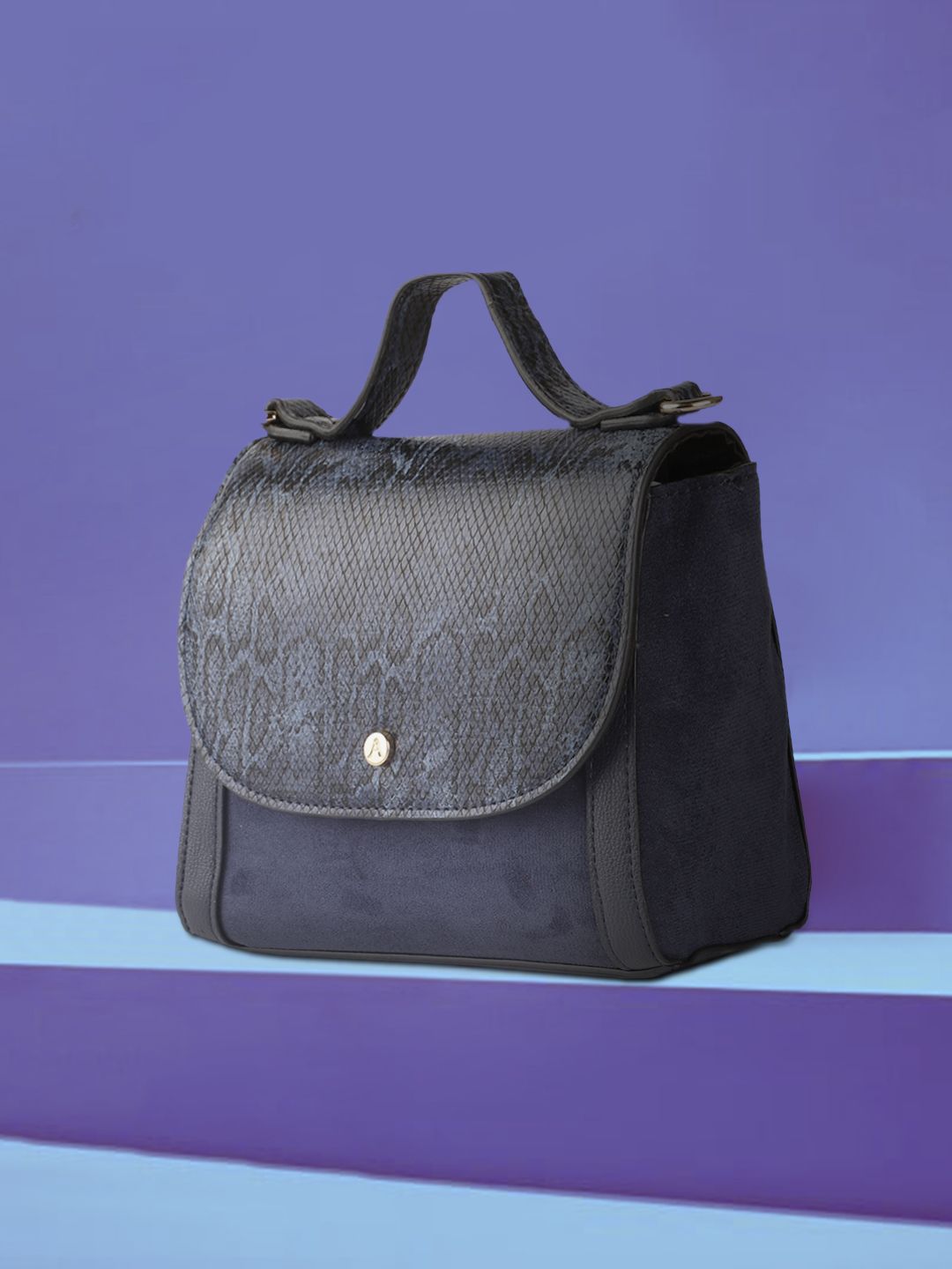 Accessorize Navy Blue & Black Snakeskin Textured Satchel Price in India