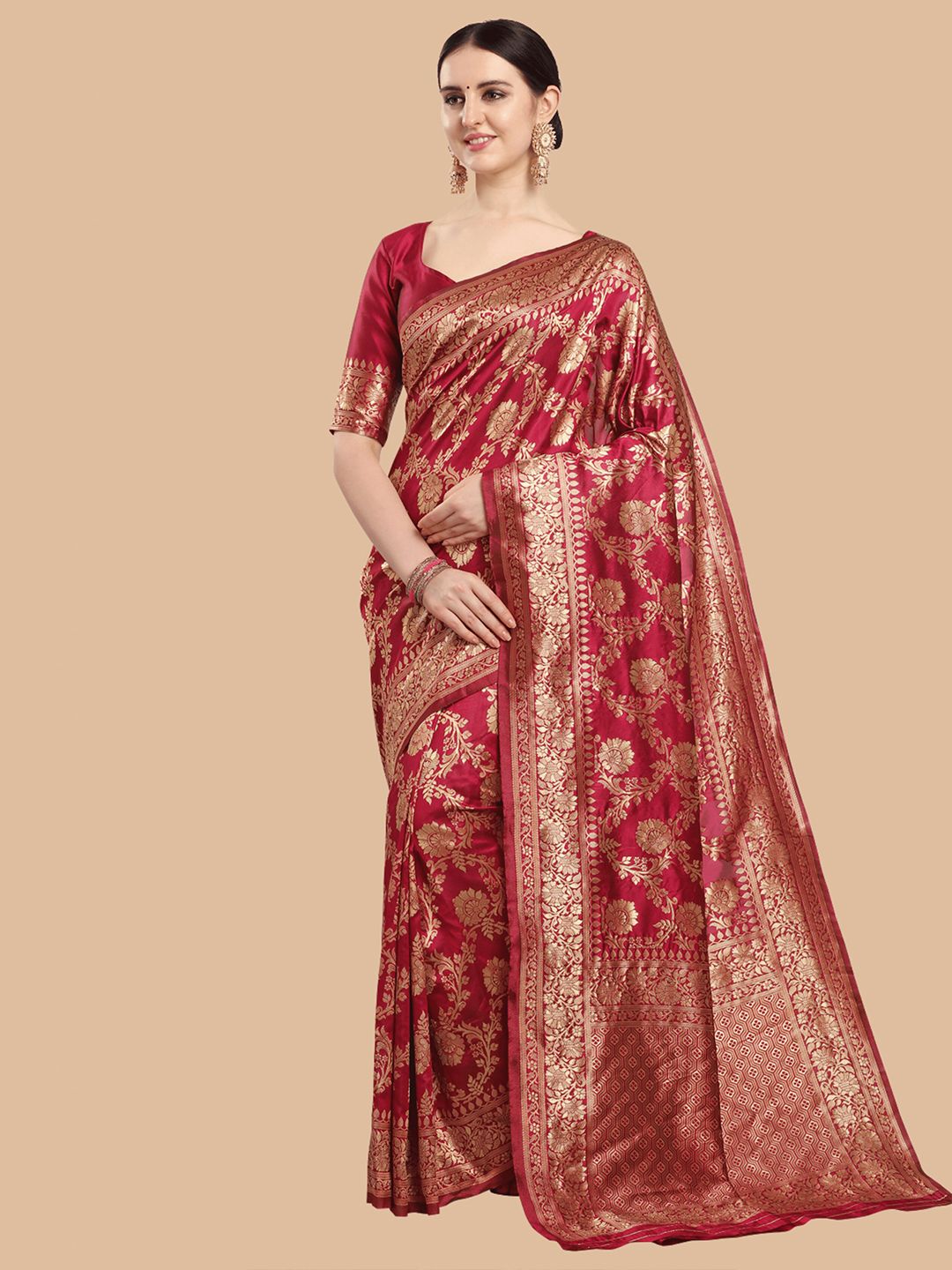 KALINI Maroon & Gold Ethnic Motifs Zari Silk Blend Banarasi Saree Price in India