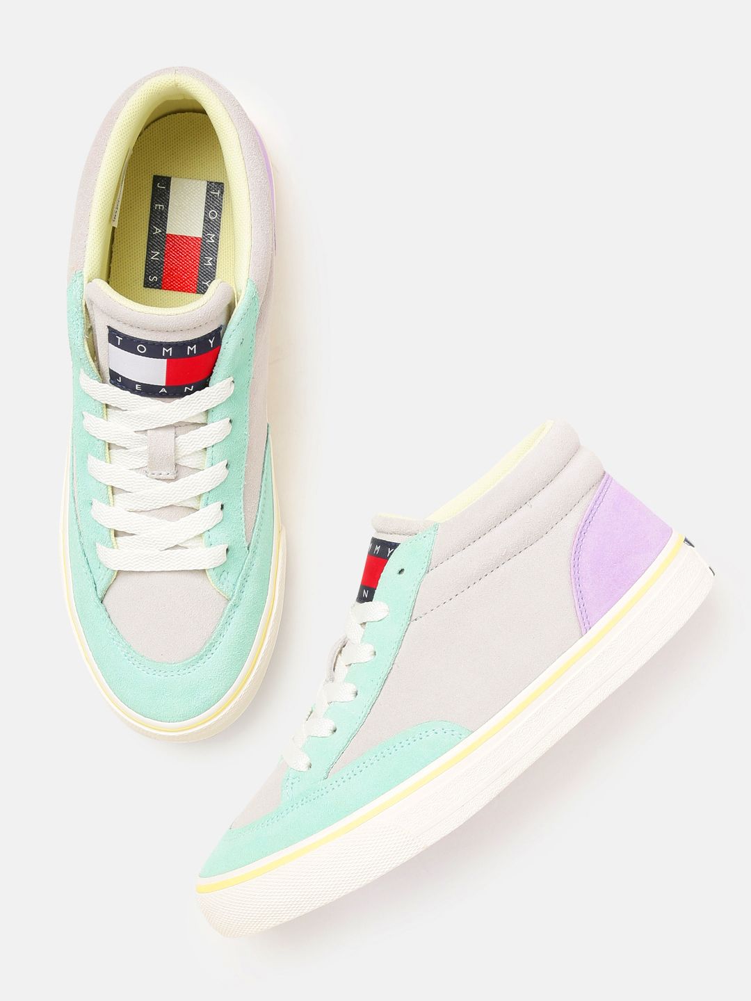 Tommy Hilfiger Women Grey & Sea Green Colourblocked Skate Varsity Suede Mid-Top Sneakers Price in India