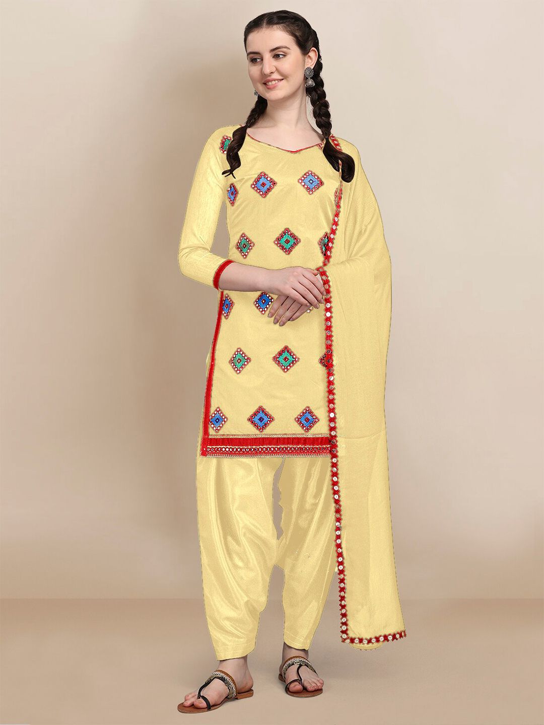 Ethnic Junction Yellow & Blue Embellished Jute Silk Unstitched Dress Material Price in India