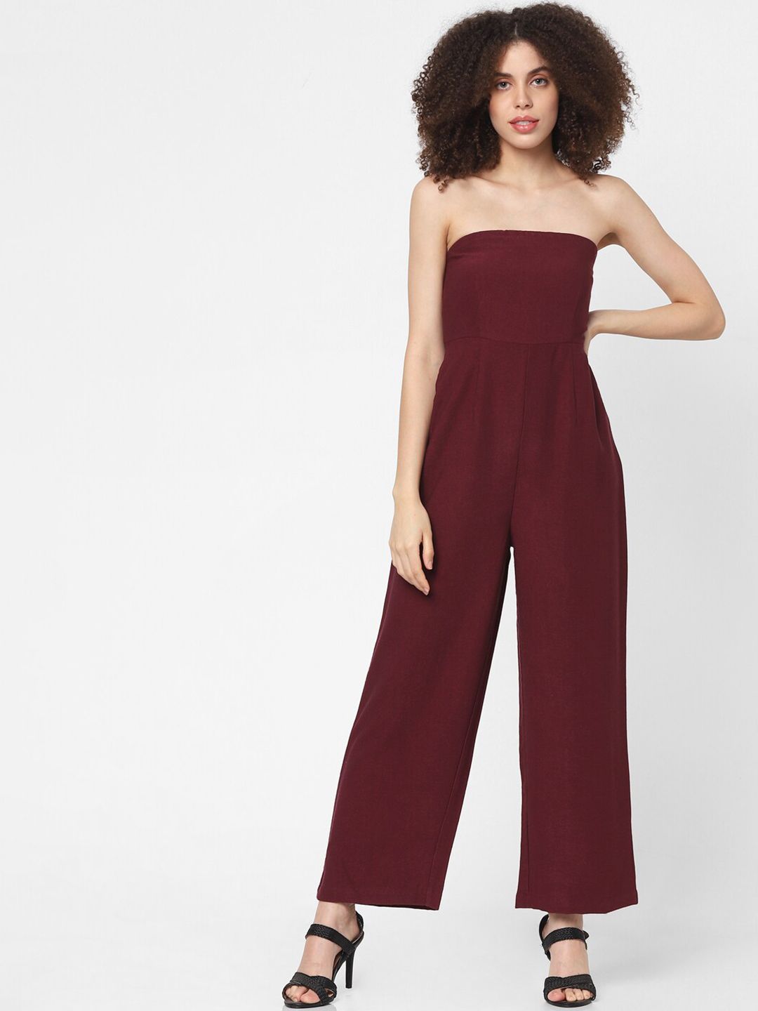 ONLY Maroon Solid Off-Shoulder Basic Jumpsuit Price in India