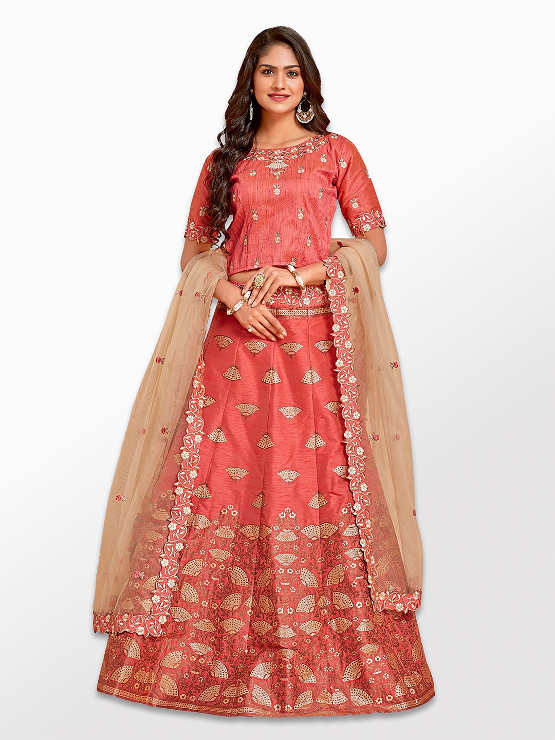 MIMOSA Peach-Coloured & Gold-Toned Semi-Stitched Lehenga & Unstitched Blouse With Dupatta Price in India