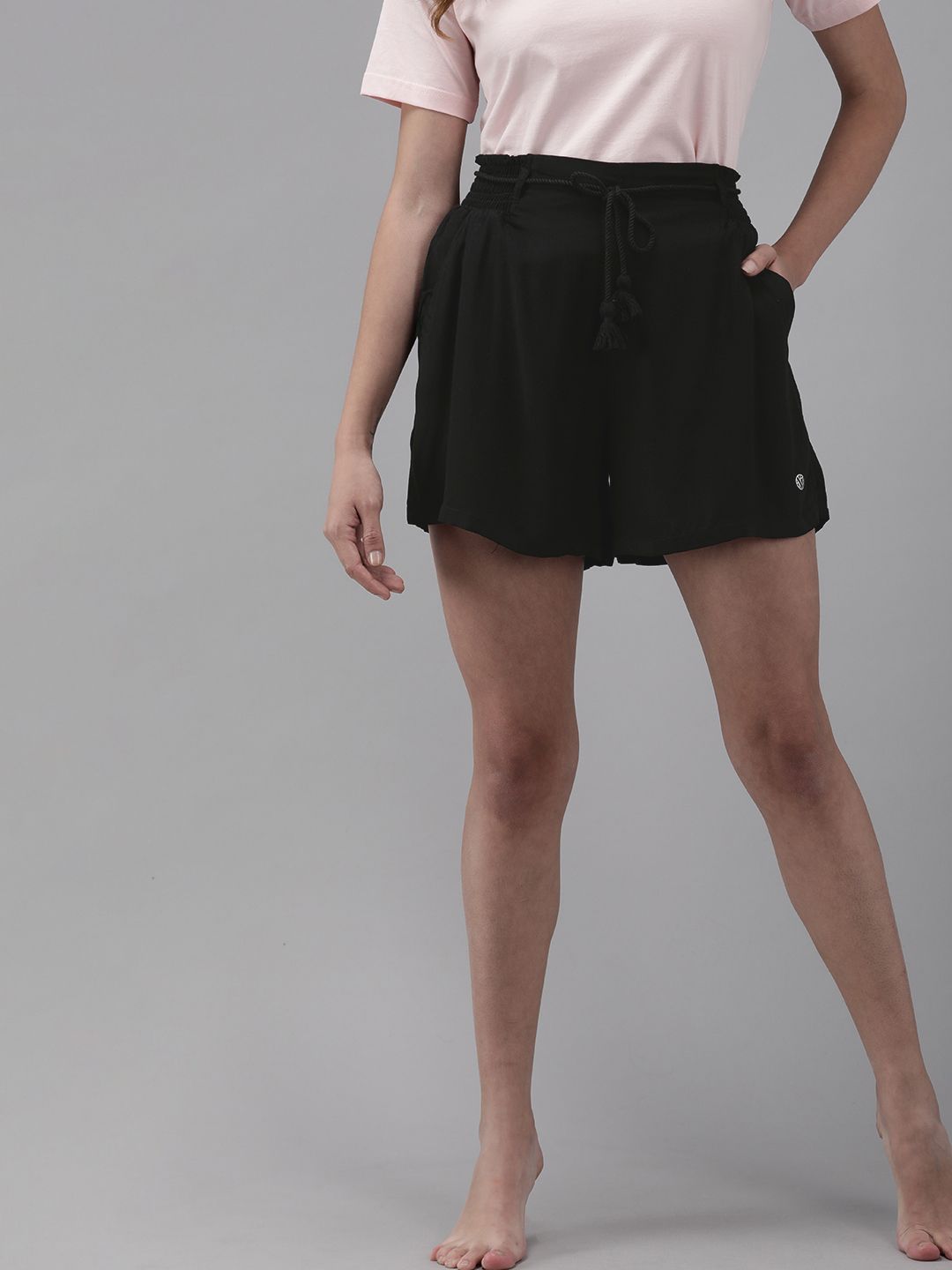 Van Heusen Women Black Solid Mid Rise Elasticated Lounge Shorts Price in India