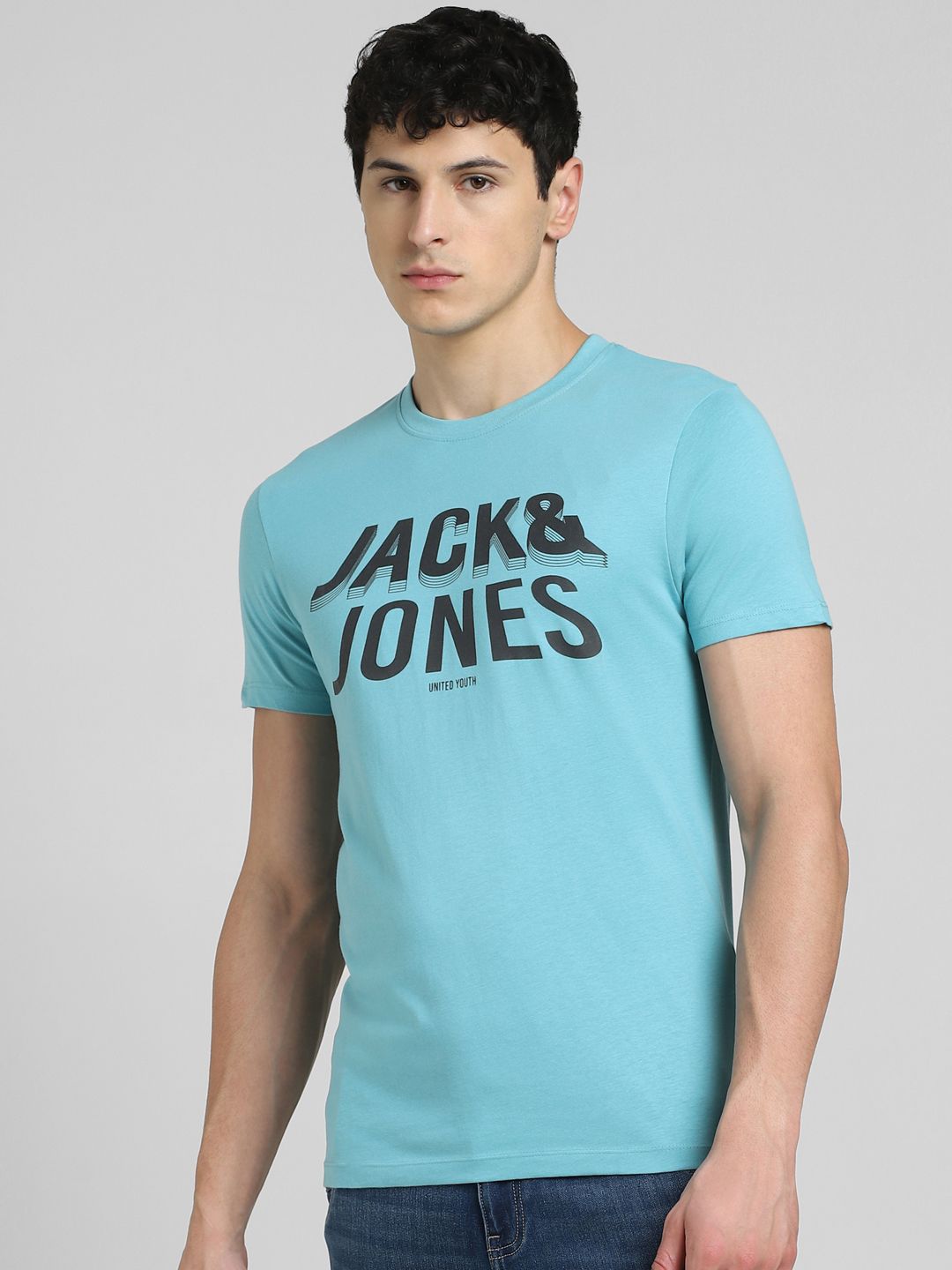 Jack & Jones Men Blue & Black Printed Pure Cotton Slim Fit T-shirt