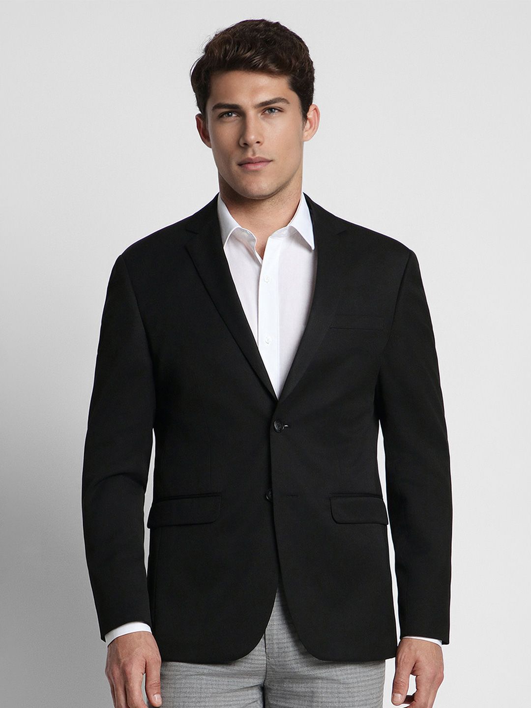 Peter England Men Black Solid Slim-Fit Single-Breasted Blazer