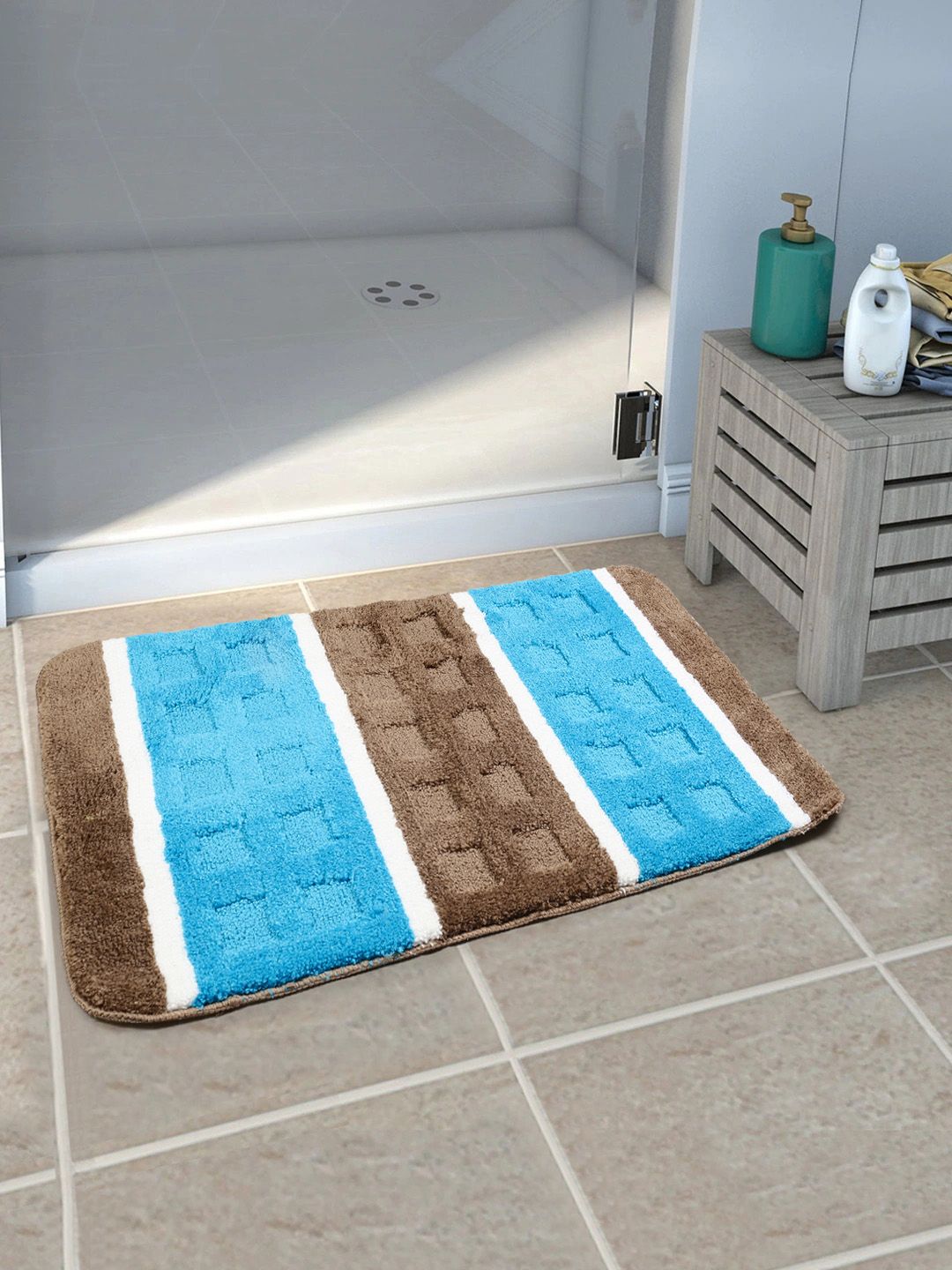 Saral Home Brown & Turquoise Blue Rectangular Bath Rug Price in India