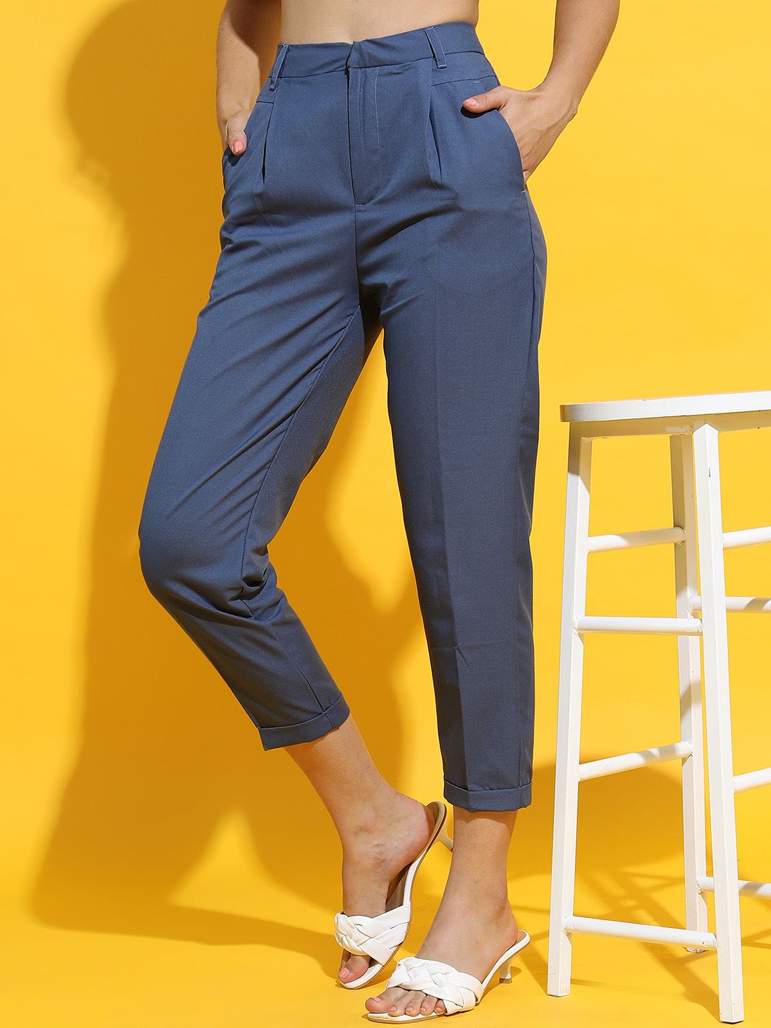 Tokyo Talkies Women Blue Tapered Fit Pleated Trousers Price in India