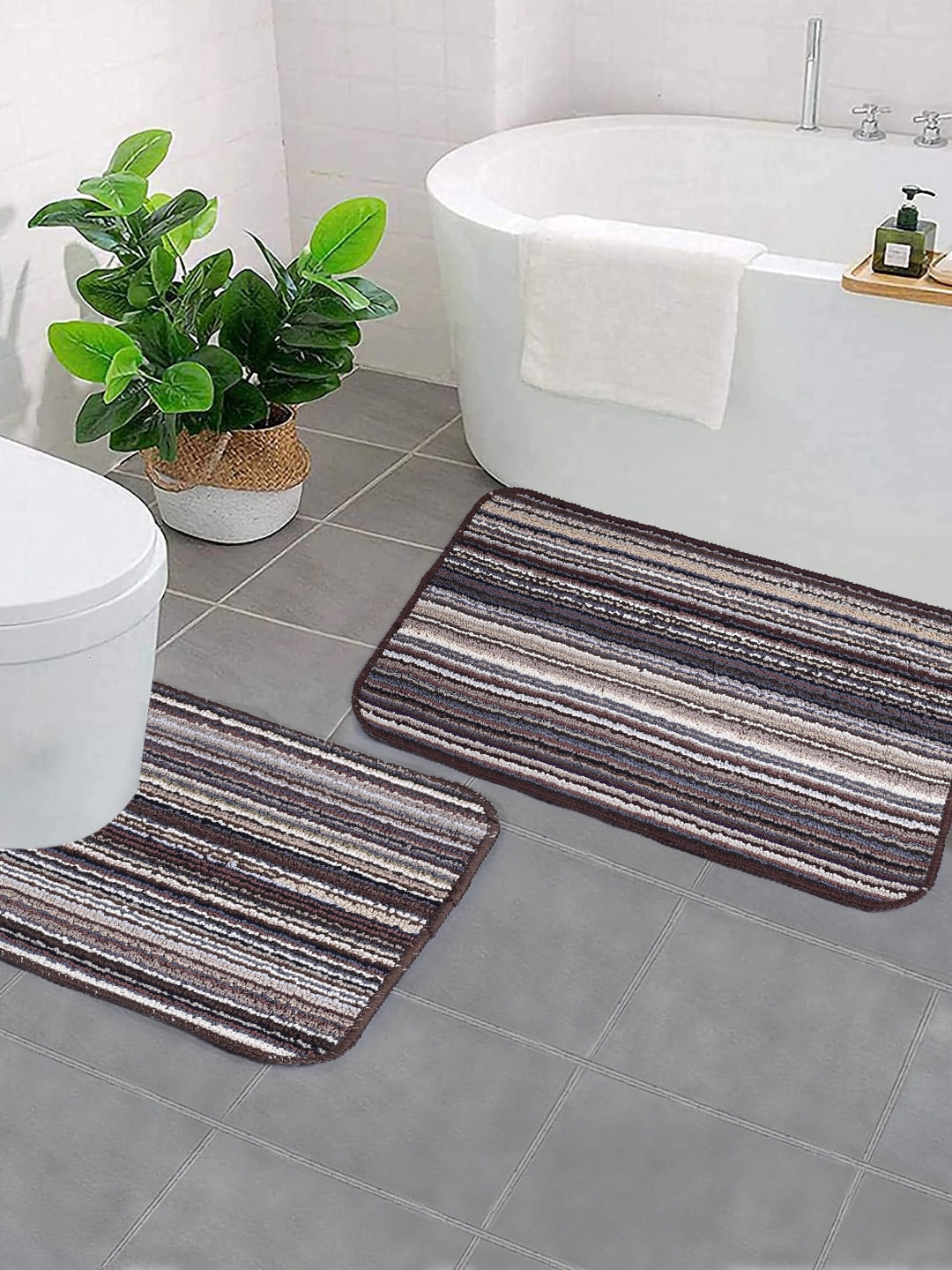 Saral Home Brown Striped Rectangular Bath Rug & Contour Price in India