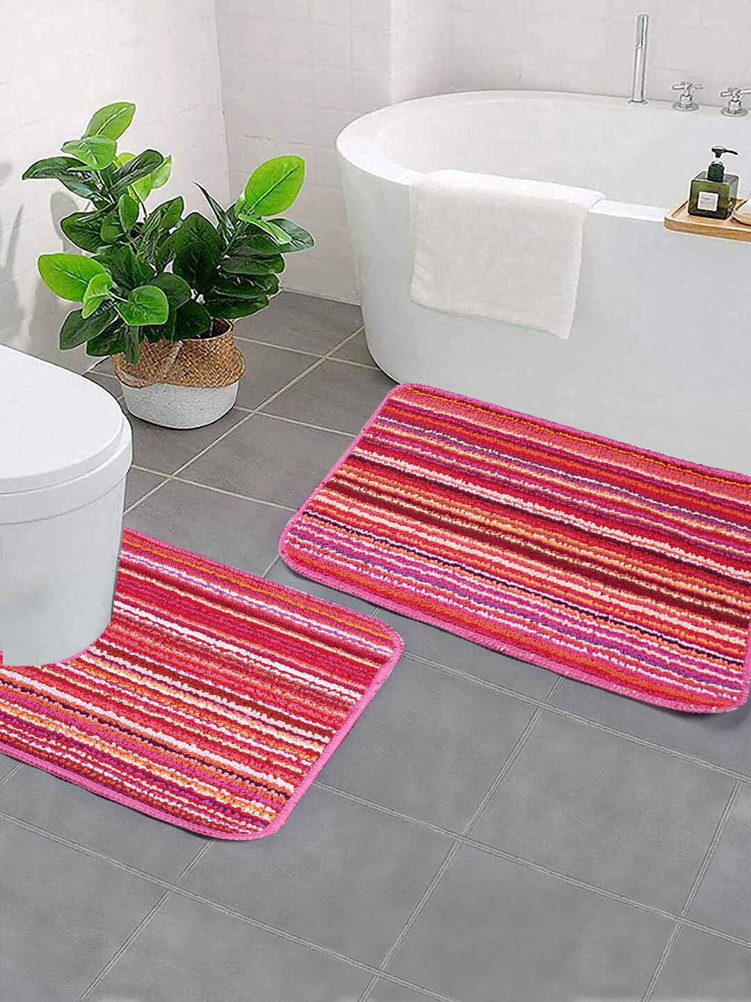 Saral Home Pink Striped Rectangular Bath Rug & Contour Price in India