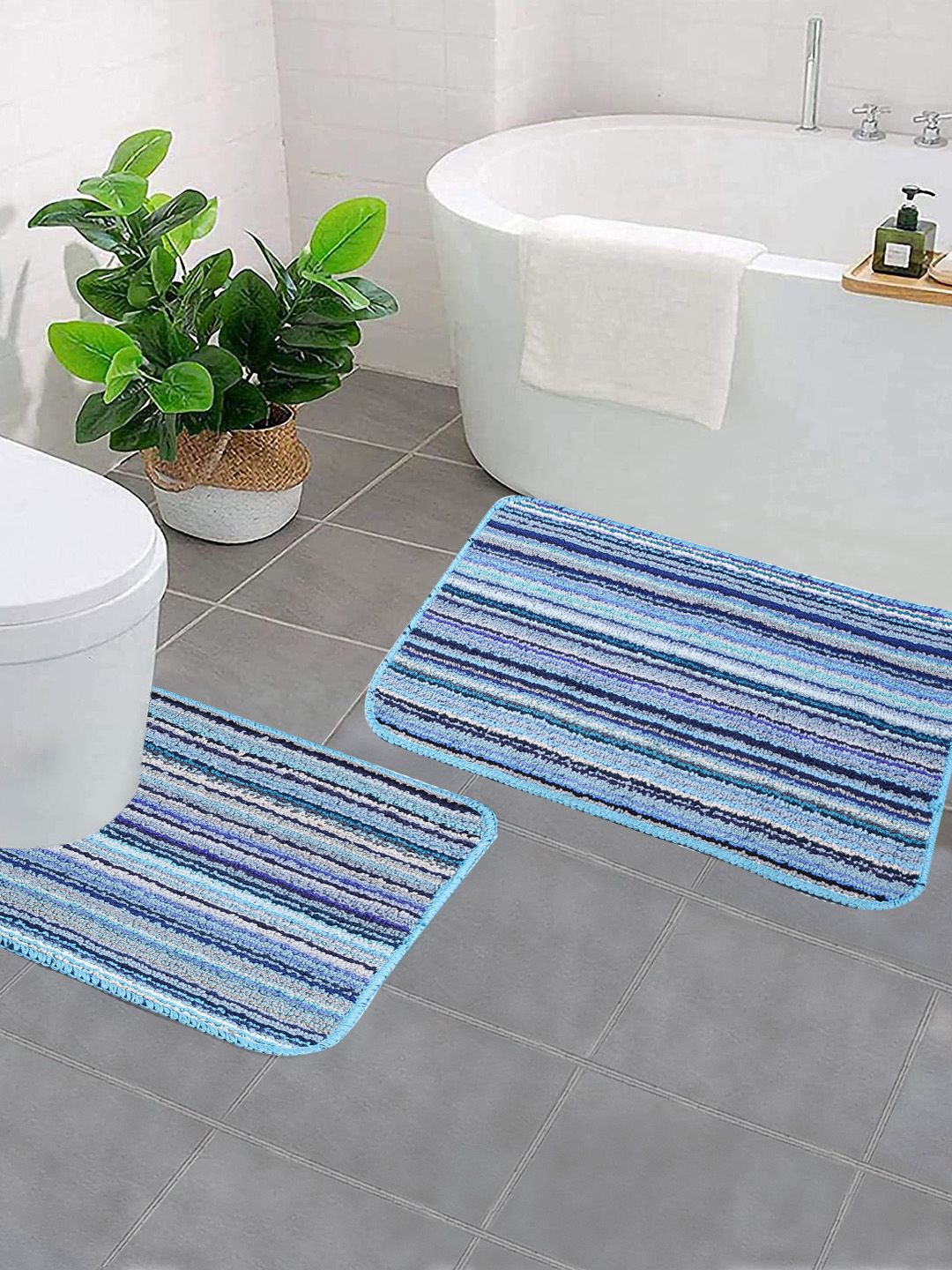 Saral Home Blue Striped Rectangular Bath Rug & Contour Price in India