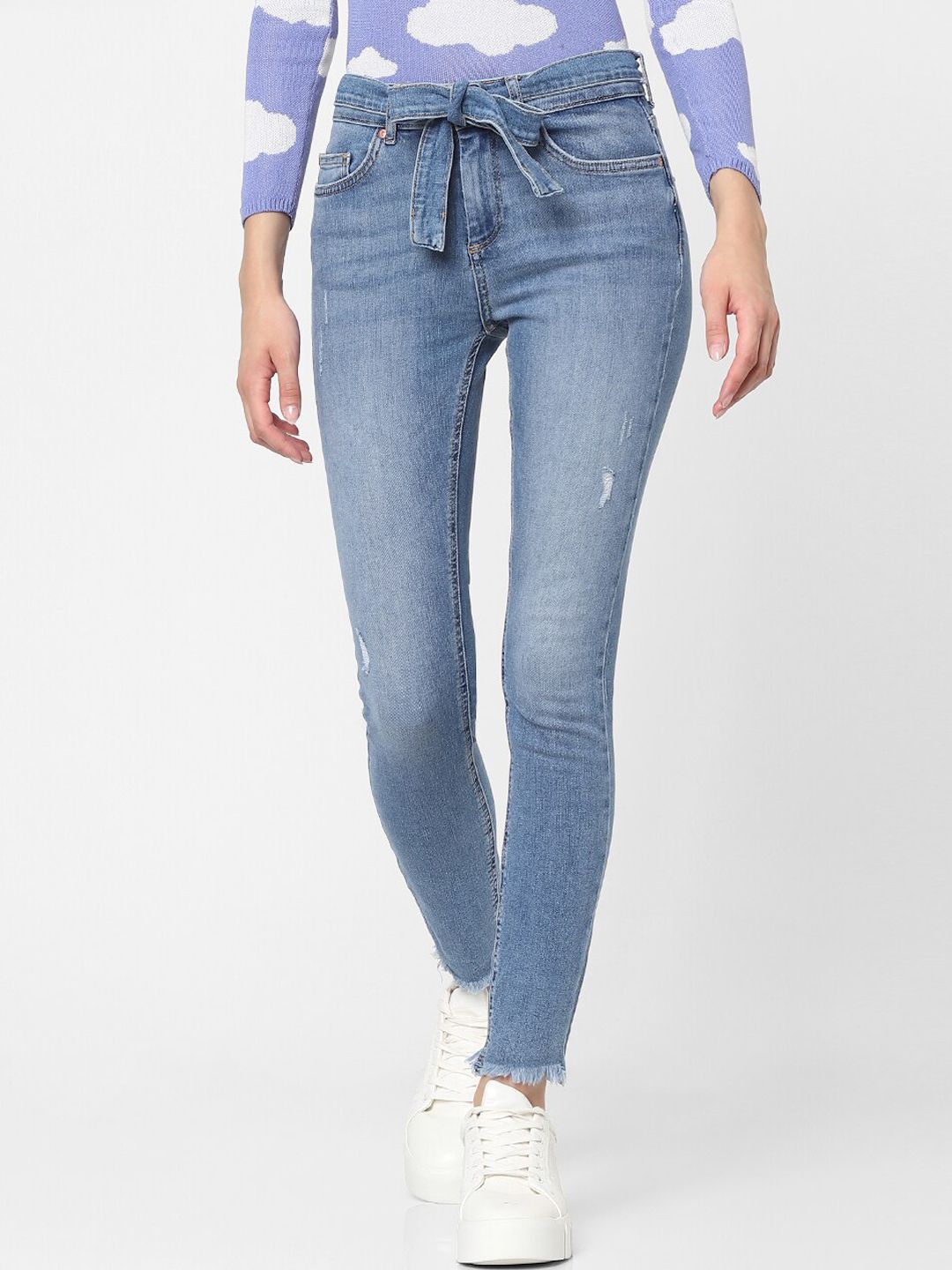 ONLY Women Blue High-Rise Mildly Distressed Light Fade Jeans Price in India