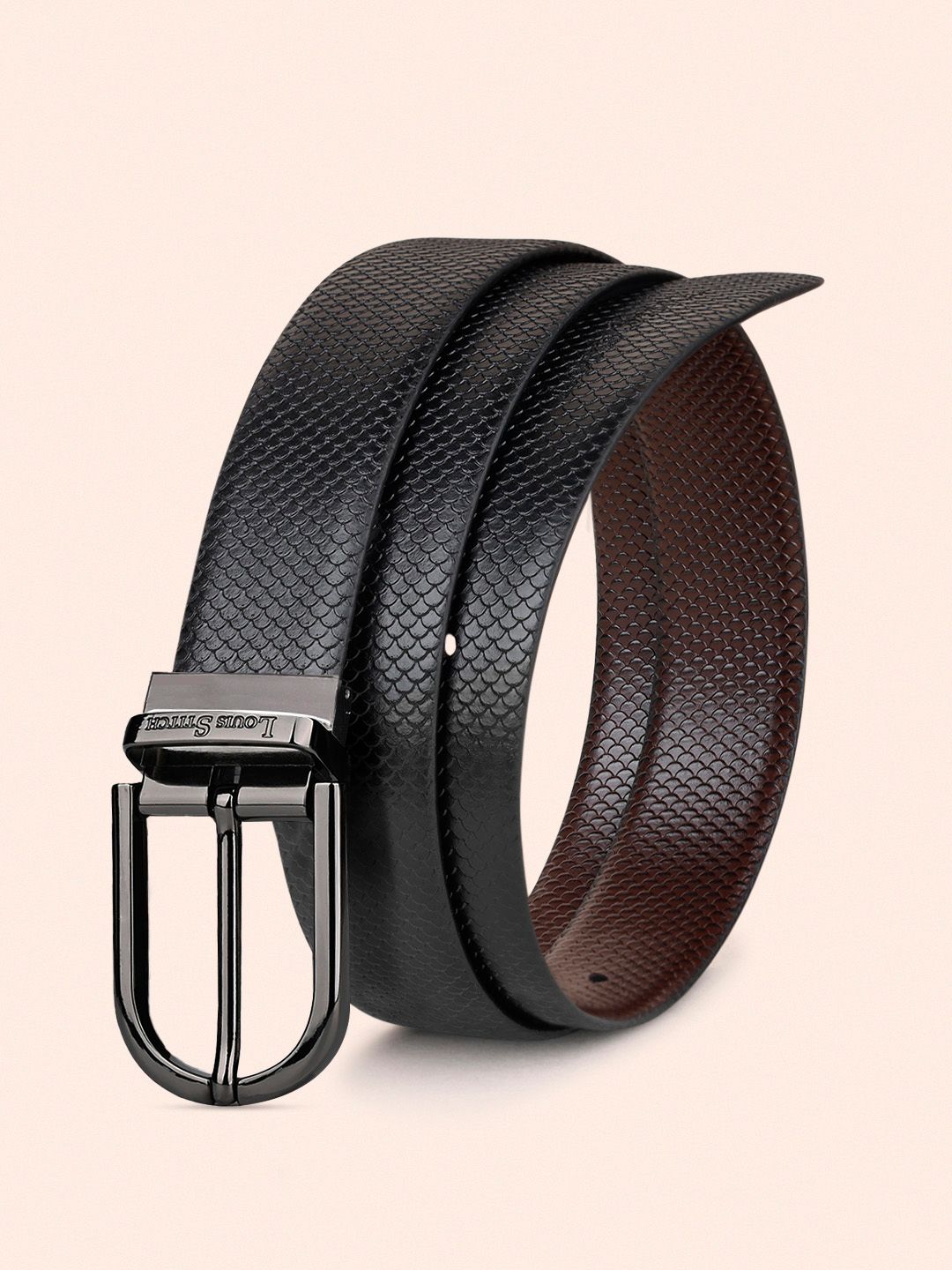 LOUIS STITCH Men Black & Brown Reversible Textured Leather Formal Belt