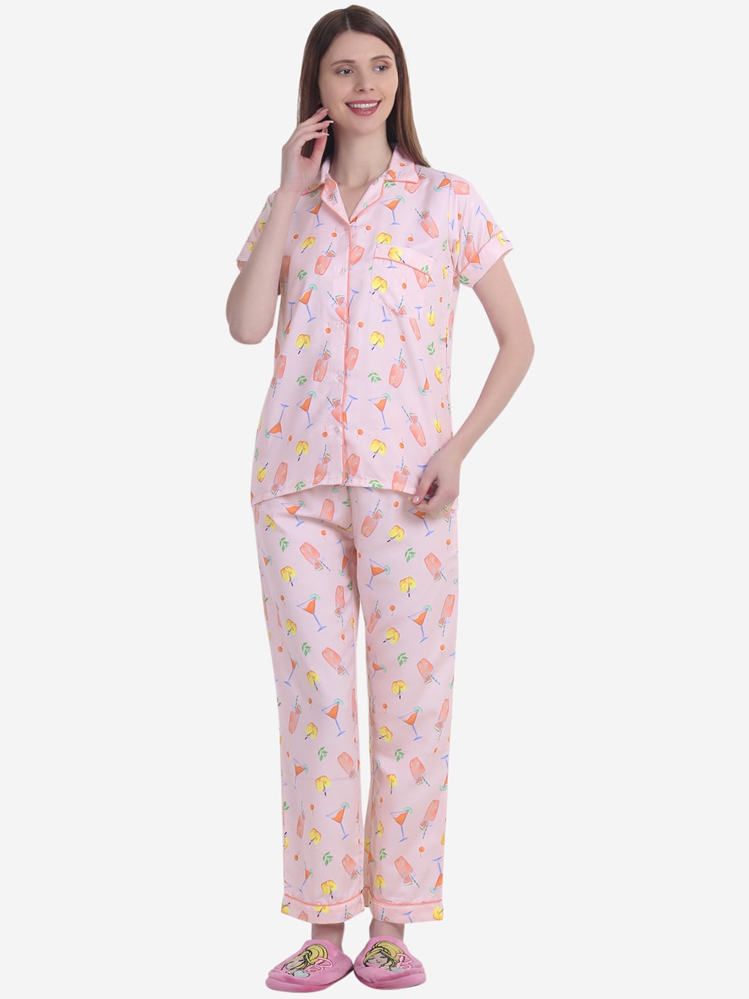 House of JAMMIES Women Pink & Yellow Printed Night Suit Price in India