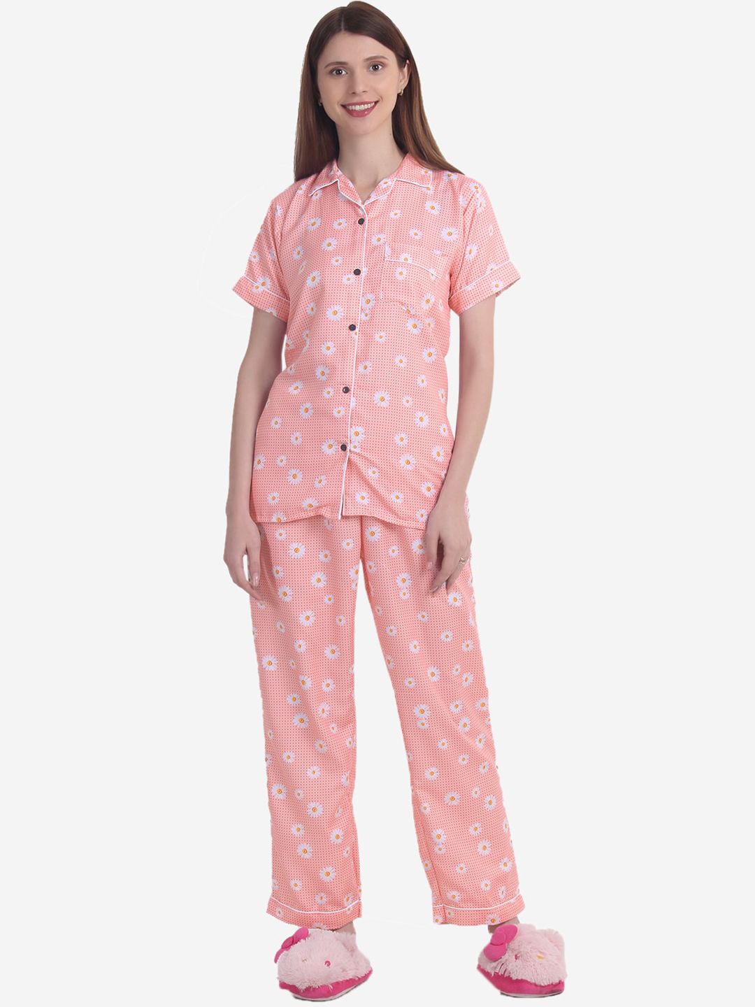 HOUSE OF JAMMIES Women Peach-Coloured Floral Printed Night Suit Price in India