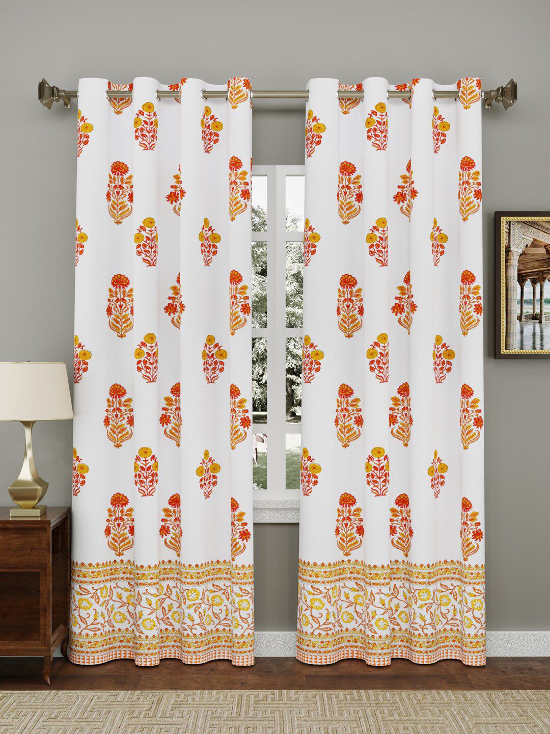 Gulaab Jaipur Set of 2 White & Yellow Ethnic Motifs Long Door Curtain Price in India