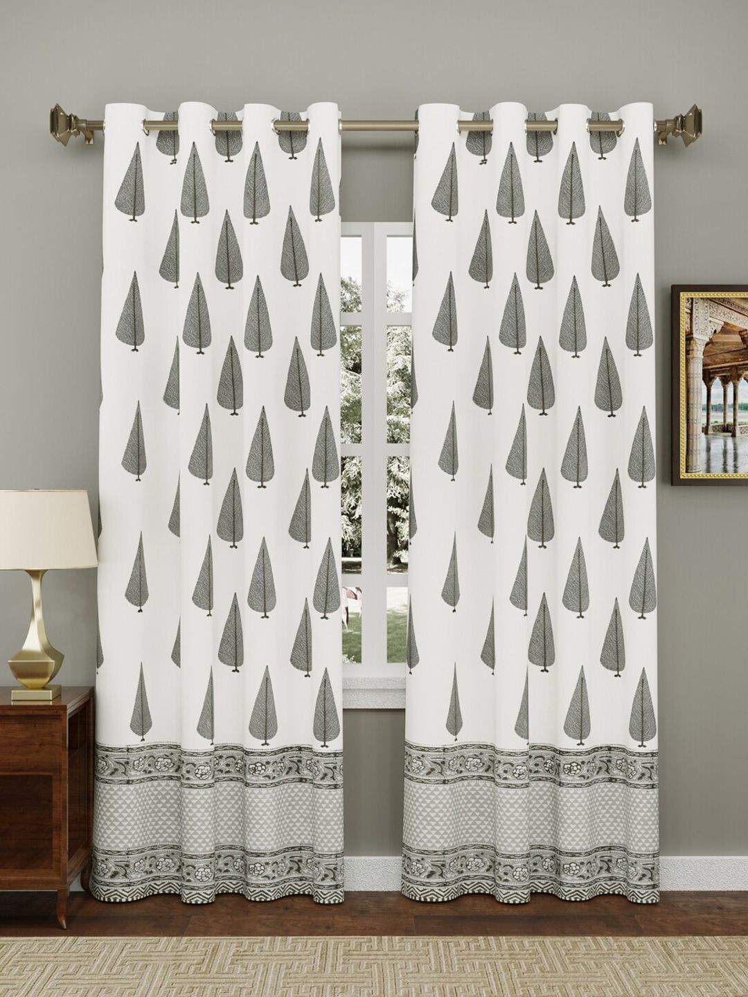 Gulaab Jaipur Set of 2 White & Grey Ethnic Motifs Long Door Curtain Price in India